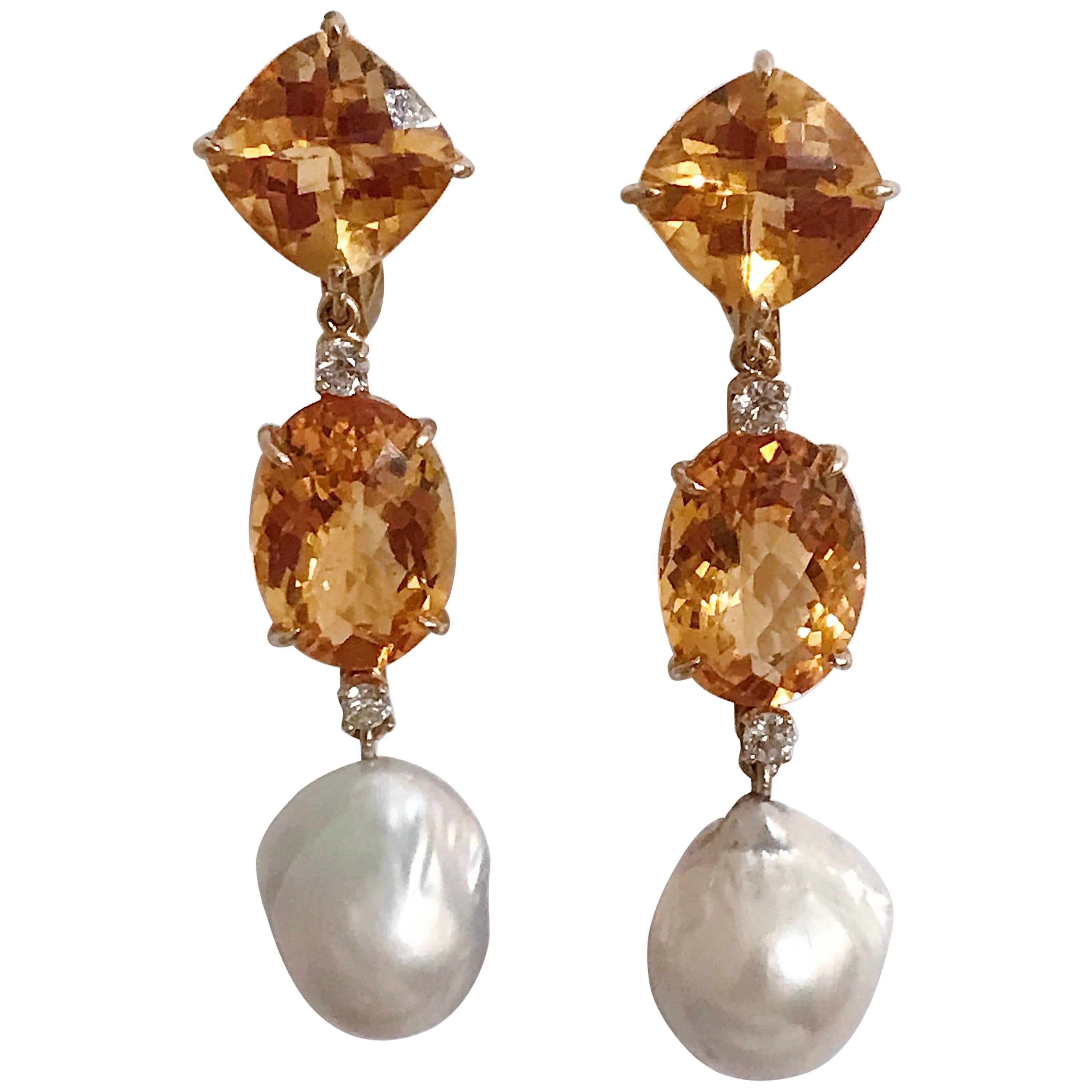 Elegant Three-Stone Drop Earring with Citrine and Baroque Pear and Diamonds For Sale