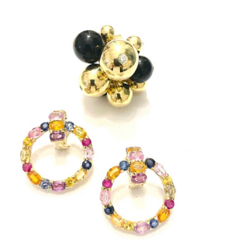 Eleganter dreisteiniger Tropfenohrring mit Peridot, rosa Topas und Barockperlen im Angebot 9