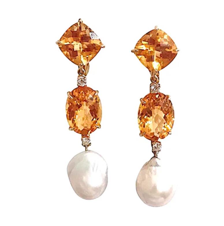 Elegant Three-Stone Drop Earring with Pink Topaz and Baroque Pearl For Sale 4