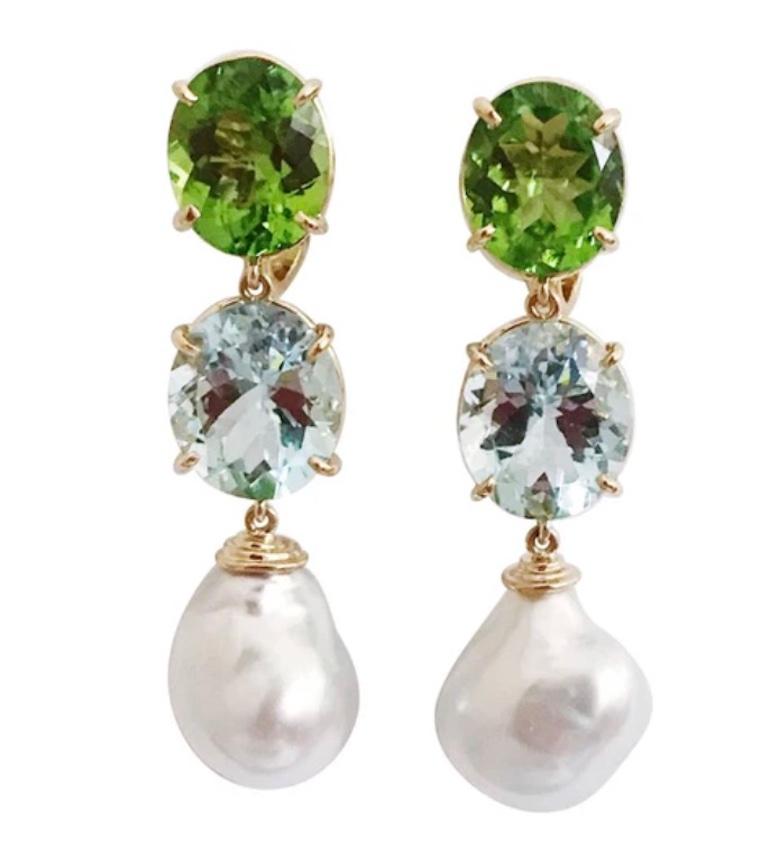 Elegant Three-Stone Drop Earring with Pink Topaz and Baroque Pearl For Sale 6