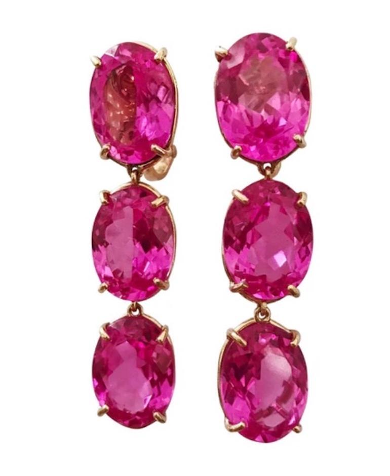 Elegant Three-Stone Drop Earring with Pink Topaz and Baroque Pearl In New Condition For Sale In New York, NY