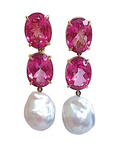 Elegant Three-Stone Drop Earring with Pink Topaz and Baroque Pearl