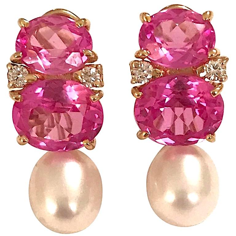 Elegant Three-Stone Drop Earring with Pink Topaz and Baroque Pearl For Sale 2