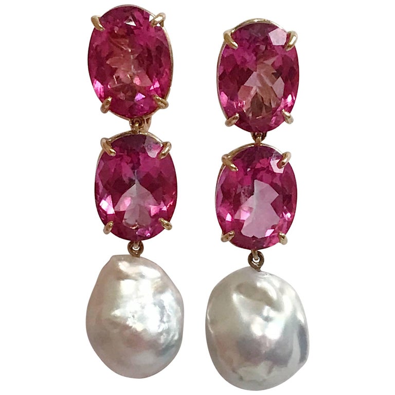 Elegant ThreeStone Drop Earring with Pink Topaz and Baroque Pearl For Sale (Free Shipping) at