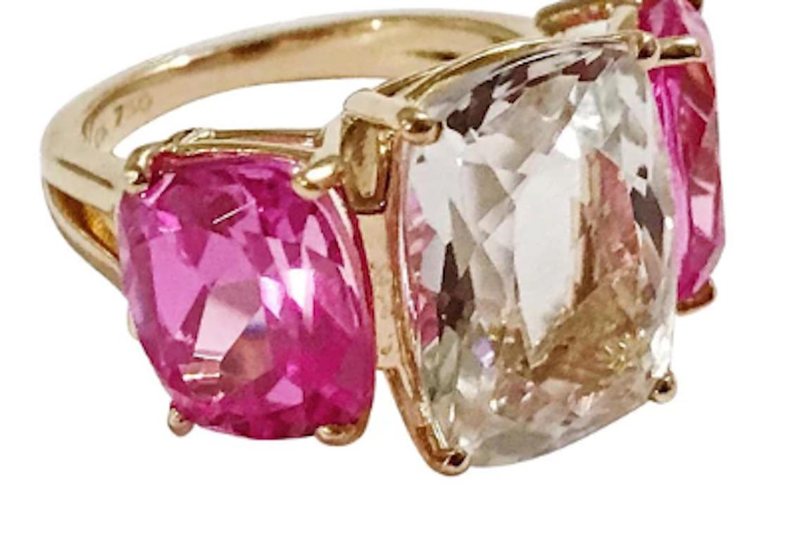 Women's Elegant Three Stone Garnet Pink Topaz Ring with Gold Rope Twist Border For Sale
