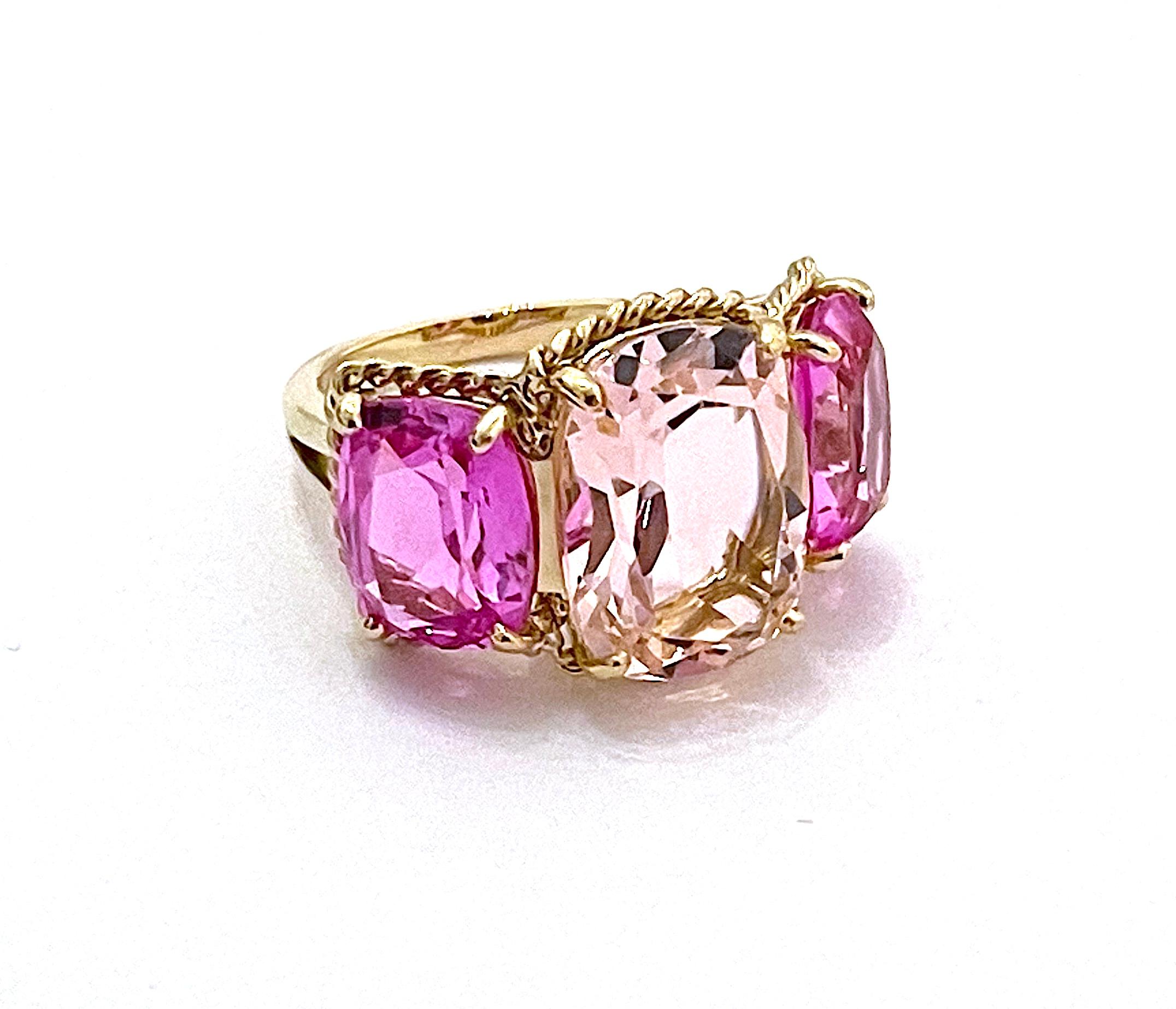 Elegant Three-Stone Rock Crystal and Pink Topaz Ring with Gold Rope Twist Border In New Condition For Sale In New York, NY