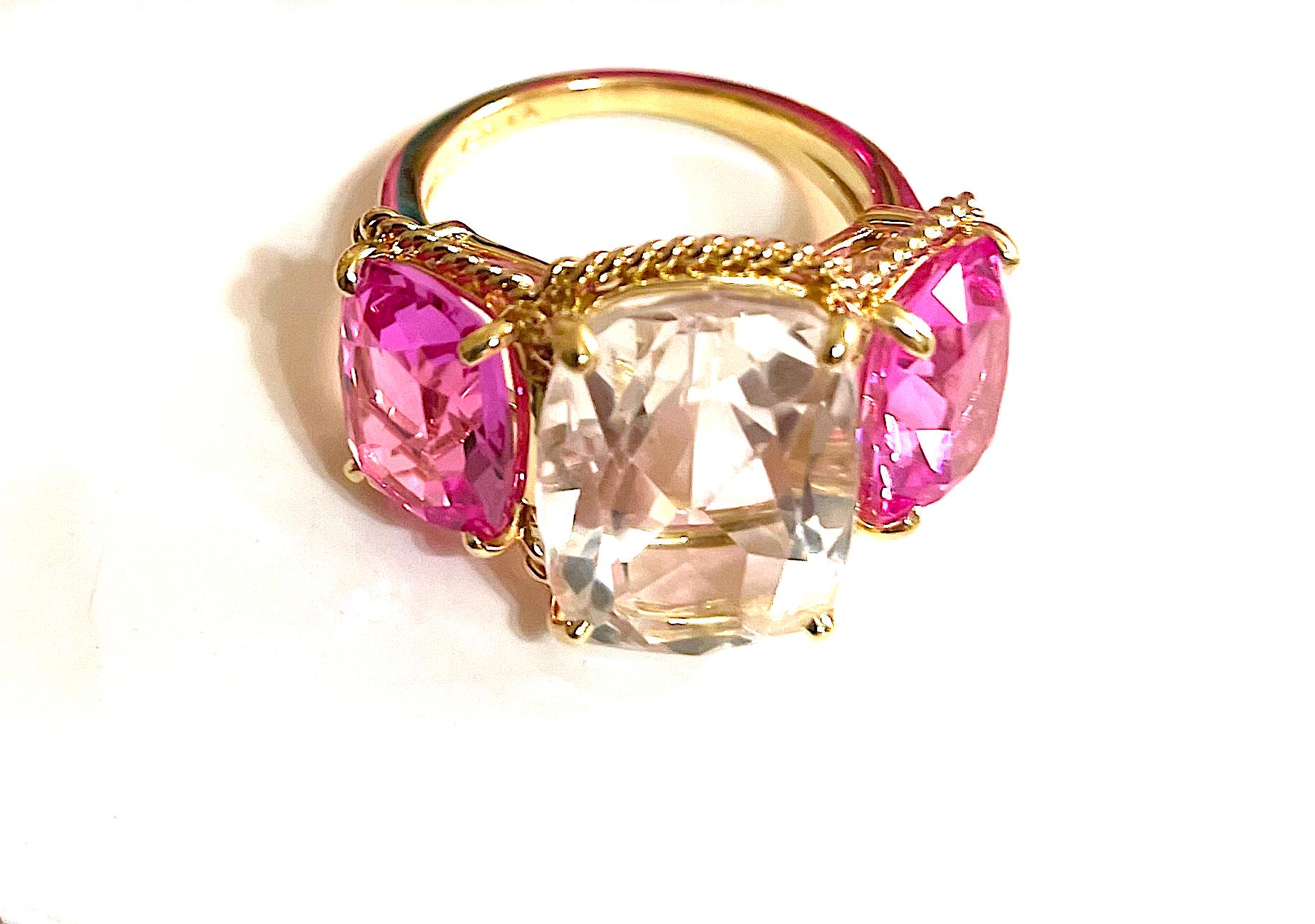 Elegant Three-Stone Rock Crystal and Pink Topaz Ring with Gold Rope Twist Border For Sale 1