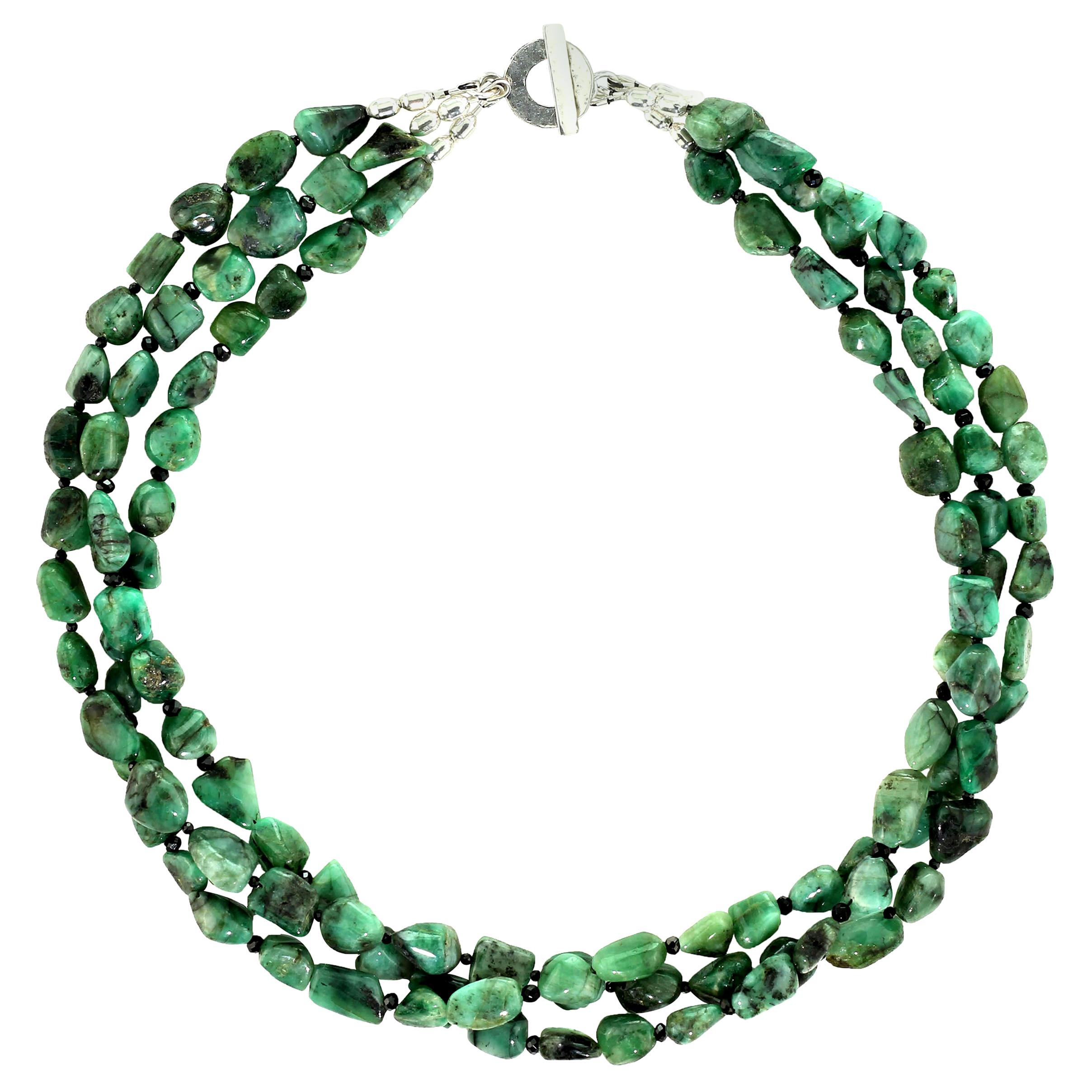 Gemjunky Three-Strand Emerald Nugget & Black Spinel Necklace   May Birthstone