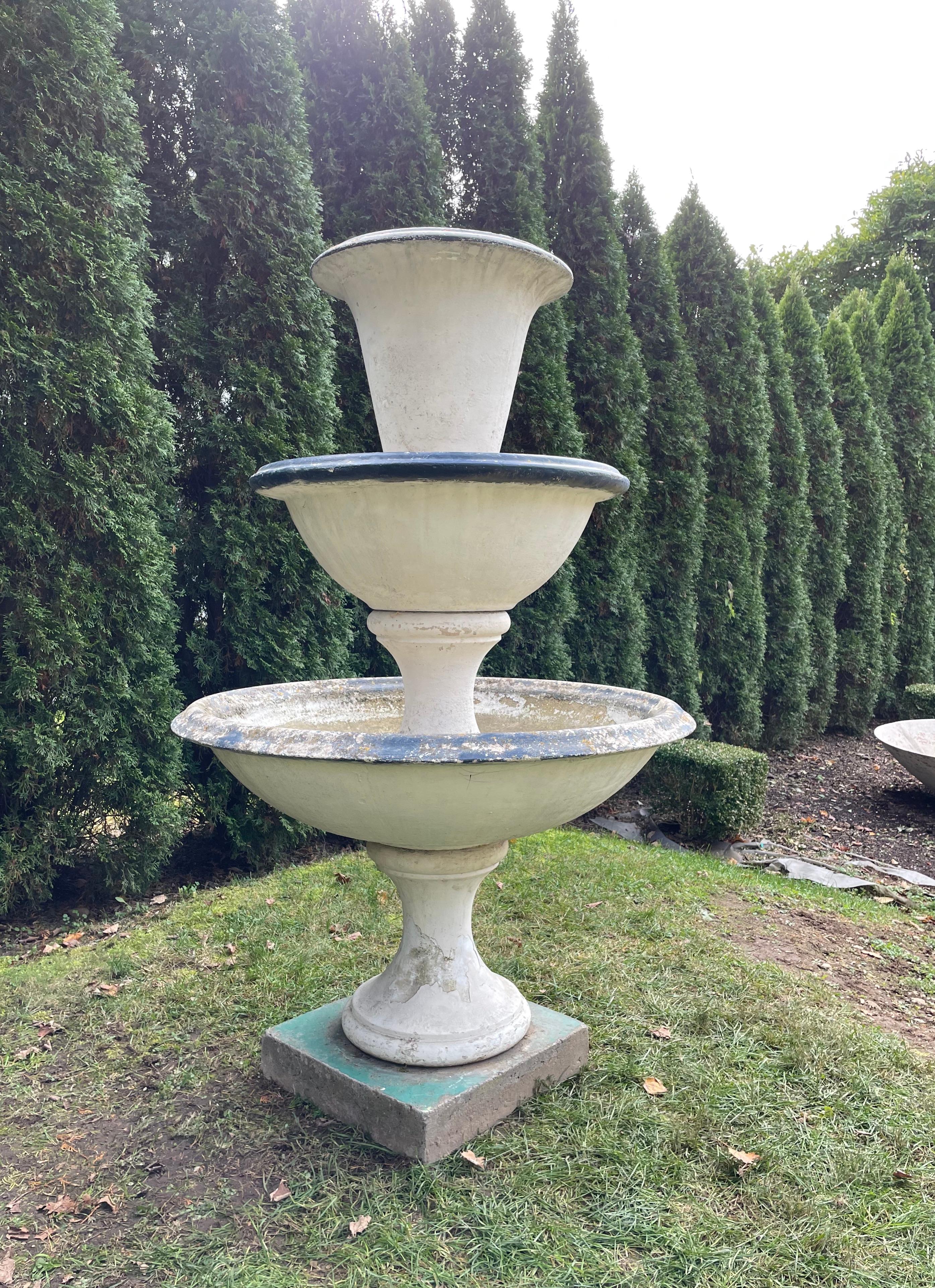 We rarely buy tiered fountains, but were struck by the simple, elegant form of this one, its wonderful condition, and the ease with which it is assembled. In six pieces, the overall weight is about 700 lbs., but the largest bowl is no more than 250