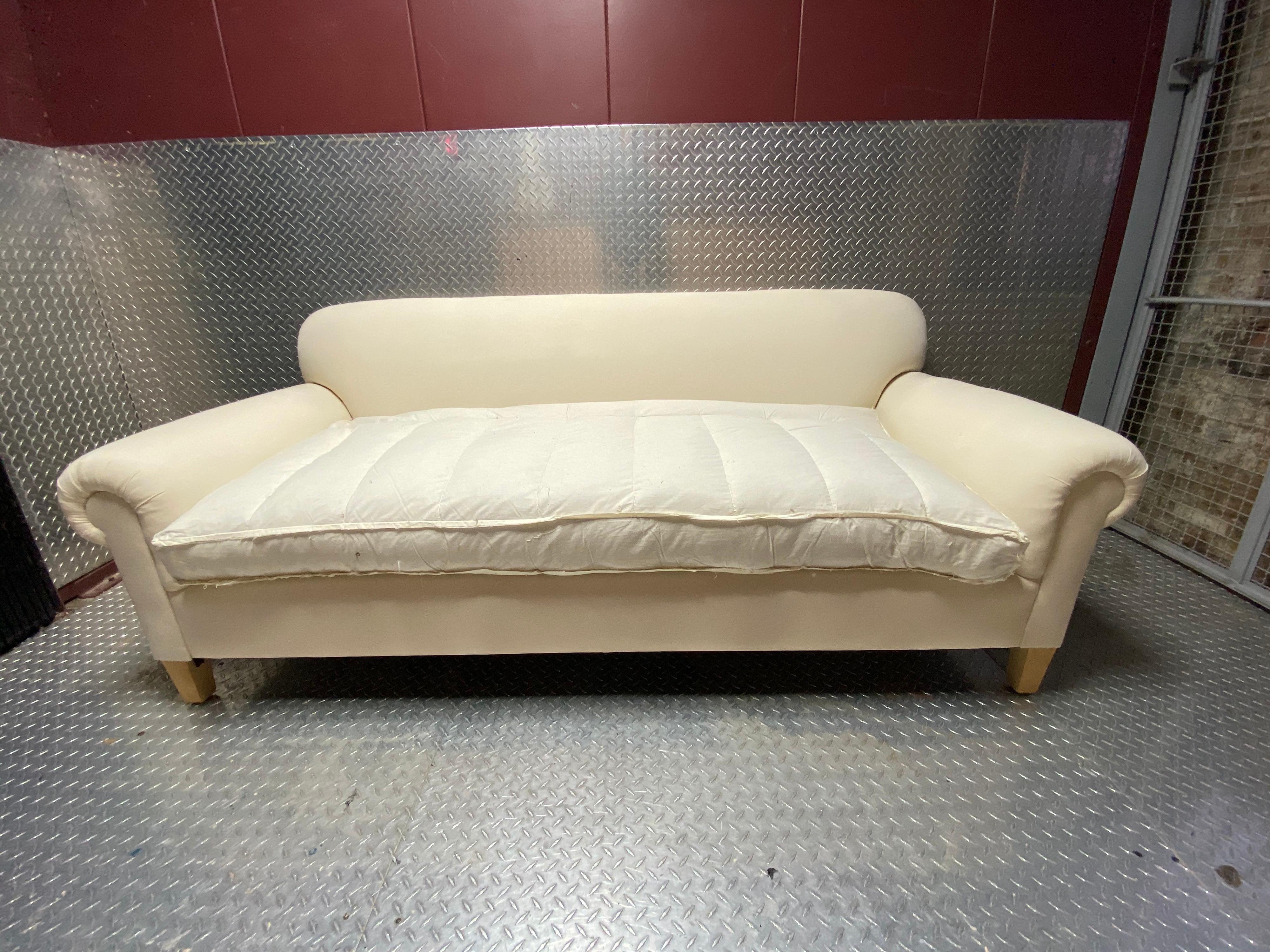 fully restored sofa and upholstered in muslin. 8 way-hand tied spring construction, foam core and down wrap seat cushion.