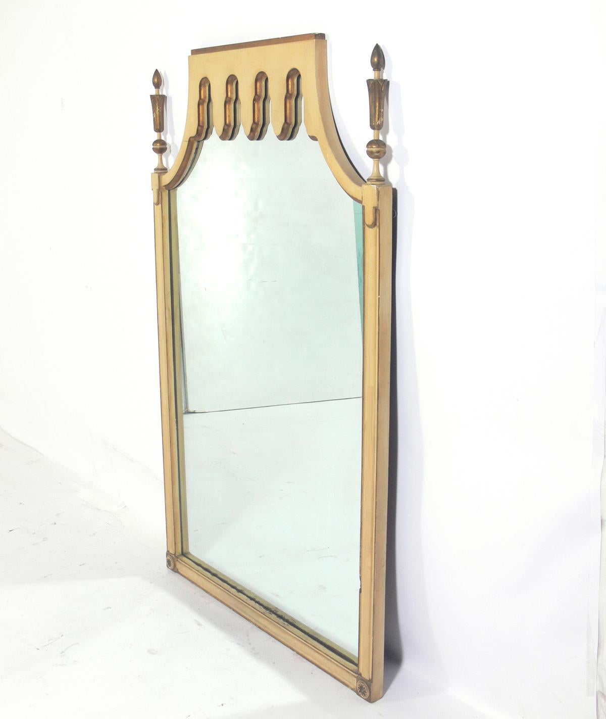 Tommi Parzinger Style Mirror, American, circa 1950s. This piece is currently being refinished and can be completed in your choice of color. The price of the mirror includes refinishing. Would look great in a solid color lacquer like white or black,