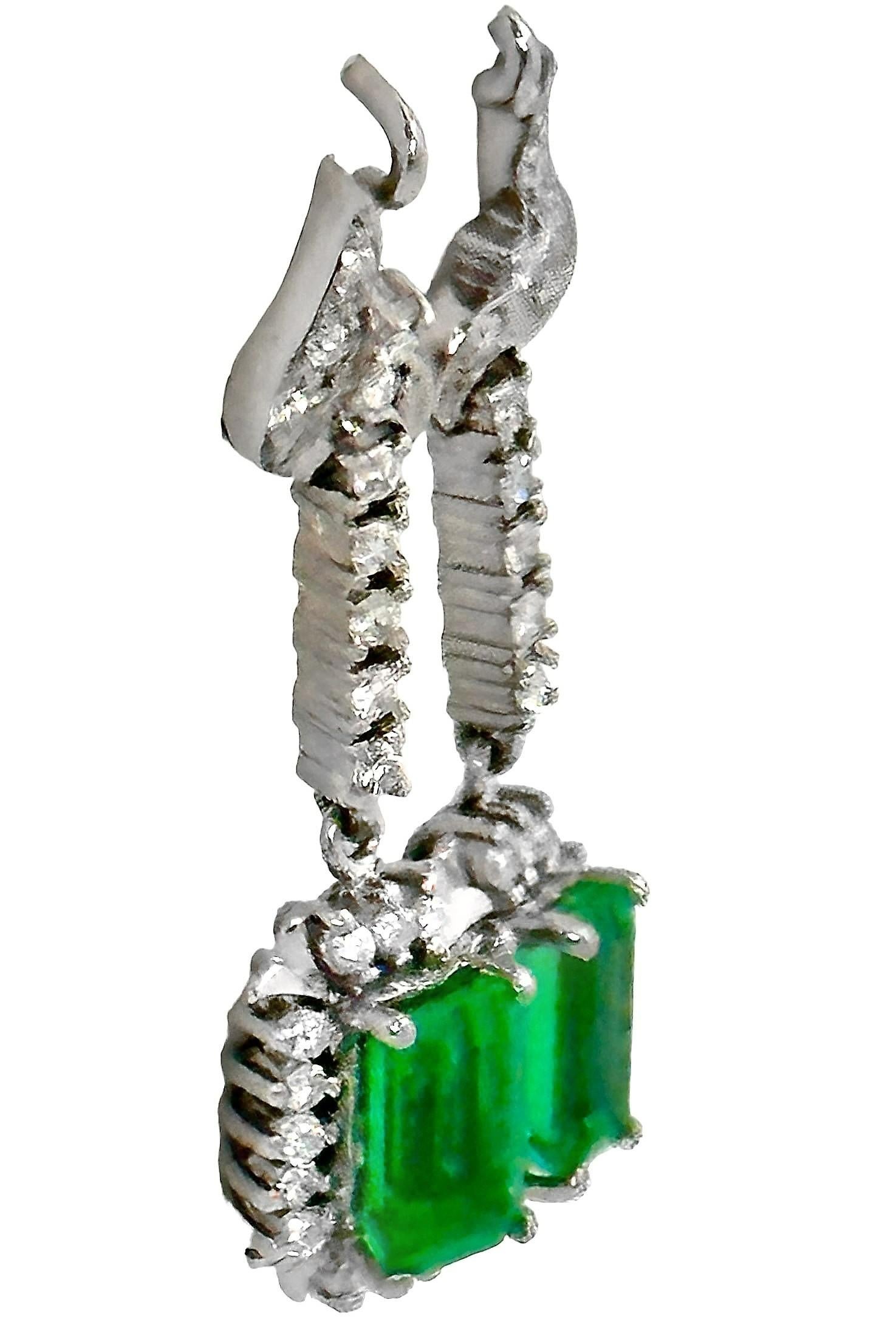 Emerald Cut Elegant Traditional White Gold, Diamond and Emerald Cocktail Earrings For Sale