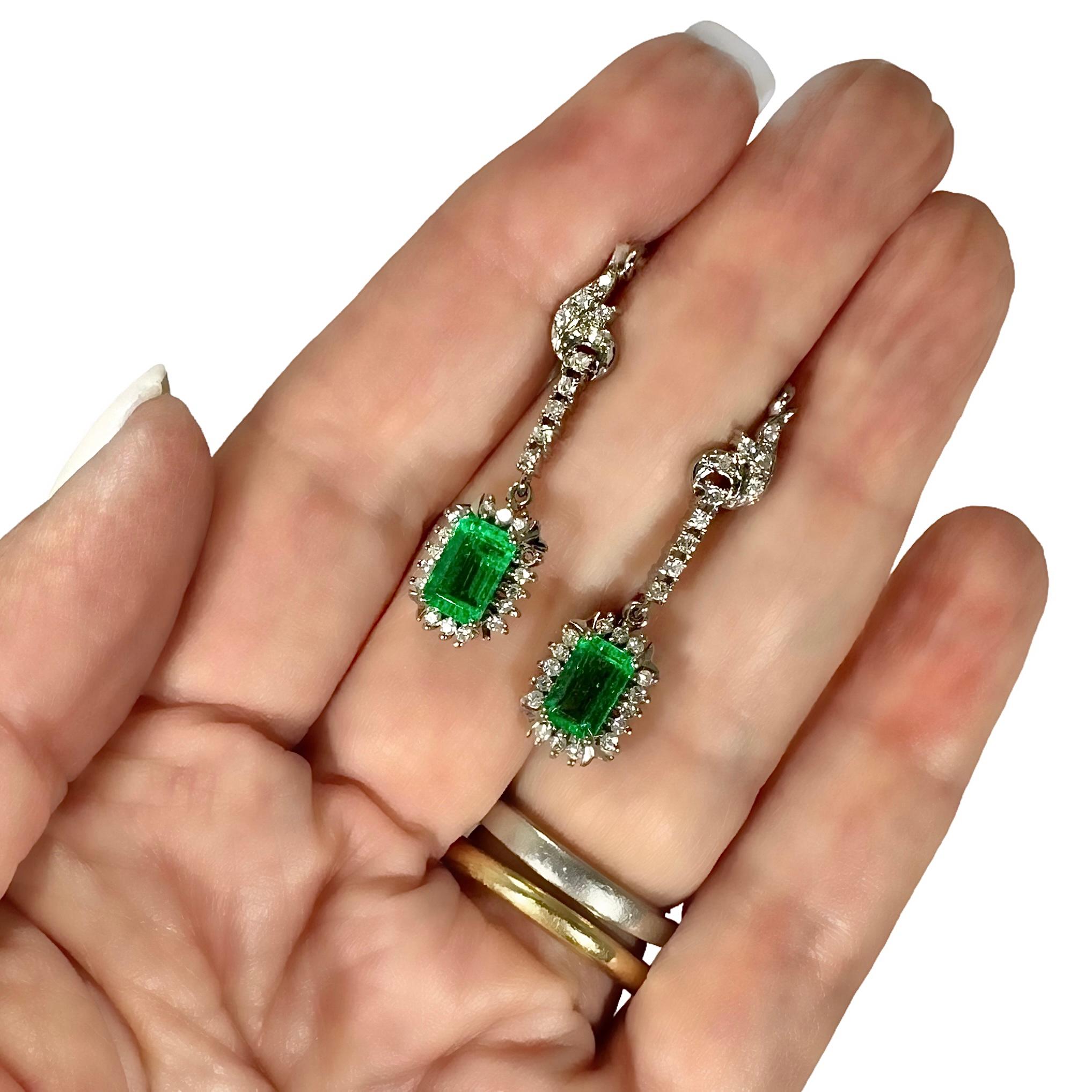 Elegant Traditional White Gold, Diamond and Emerald Cocktail Earrings For Sale 2