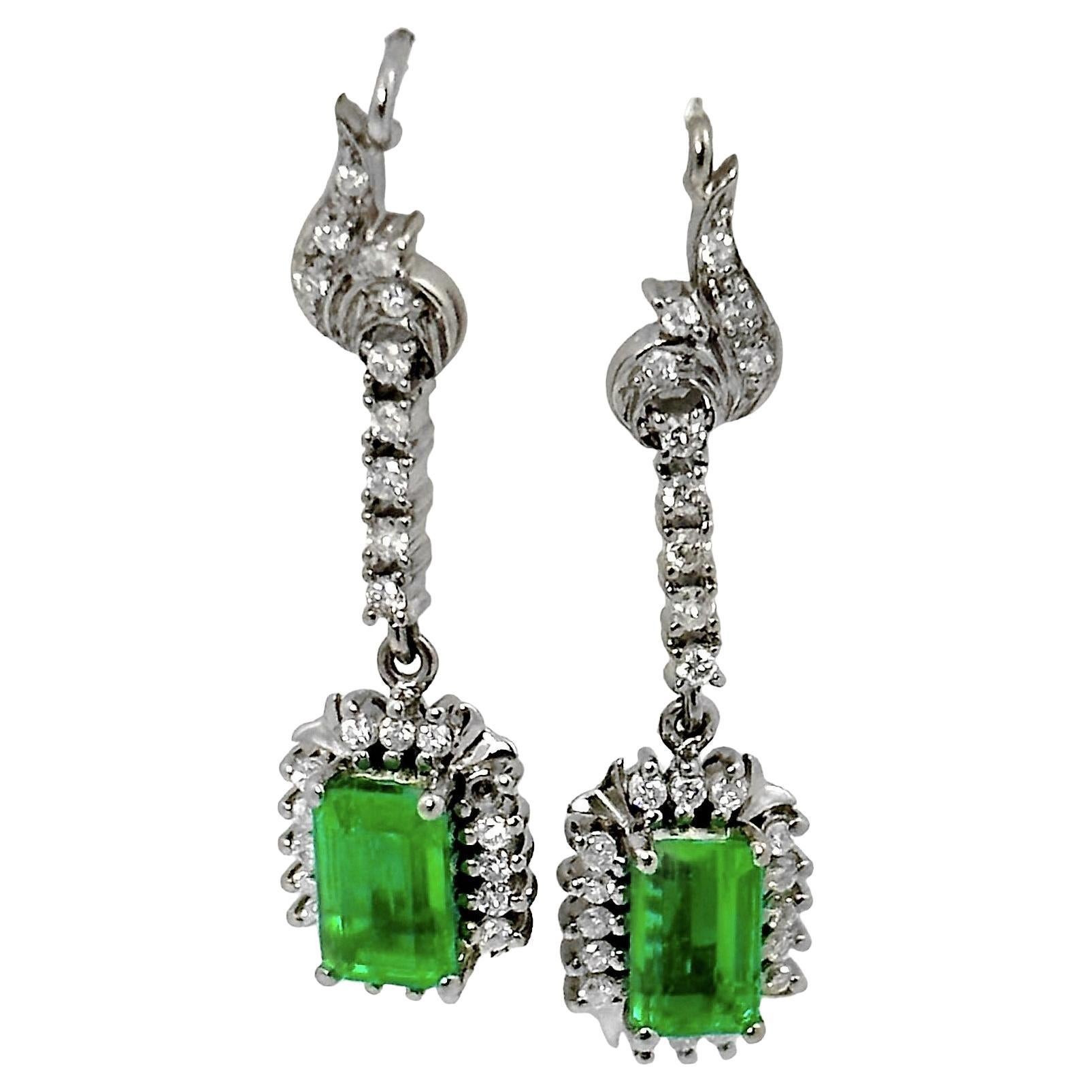 Elegant Traditional White Gold, Diamond and Emerald Cocktail Earrings For Sale