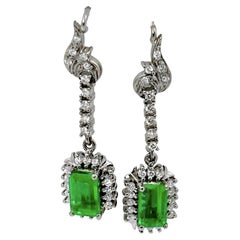 Retro Elegant Traditional White Gold, Diamond and Emerald Cocktail Earrings
