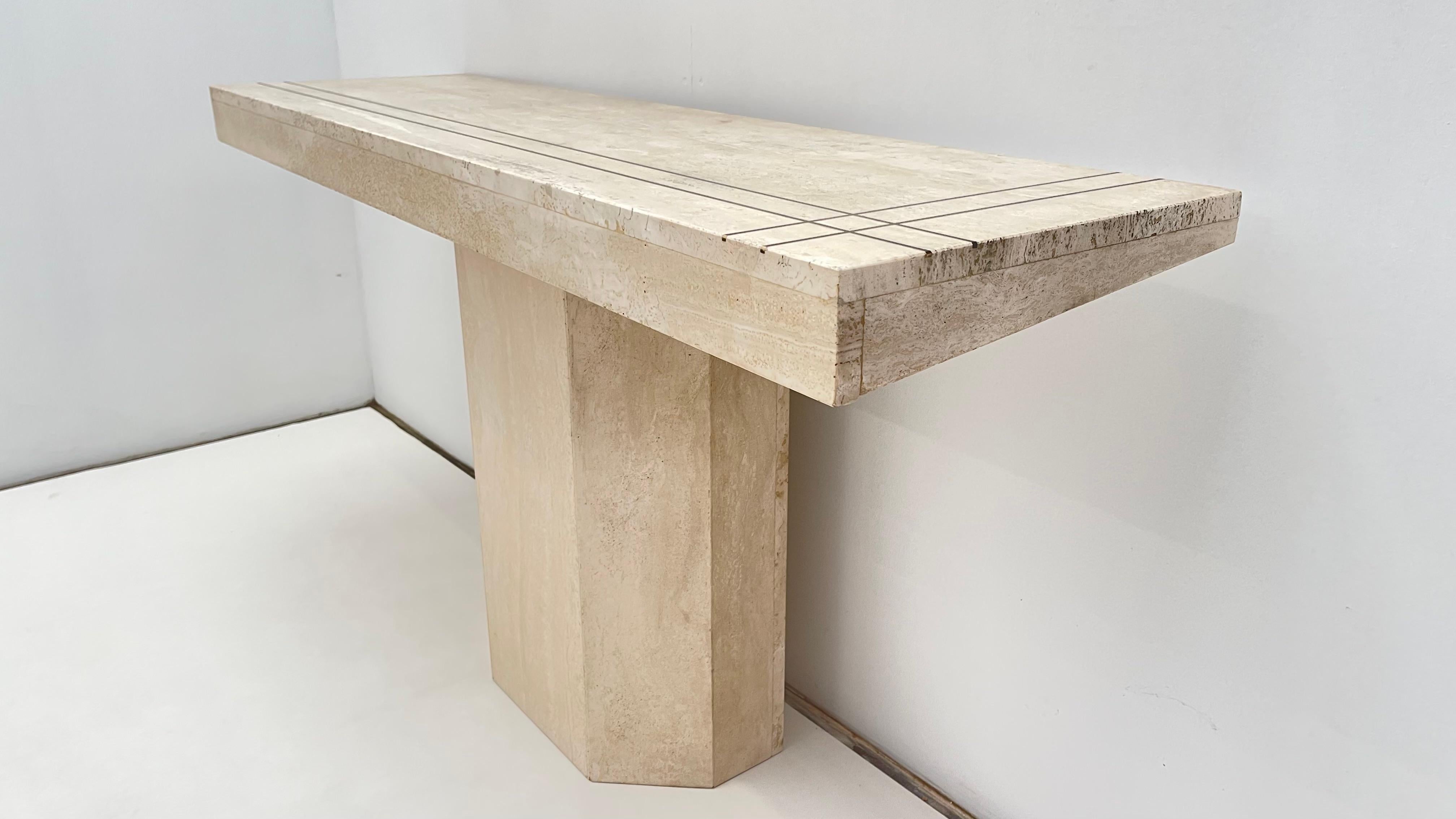 Mid-Century Modern Elegant Travertin Console with thin brass lines