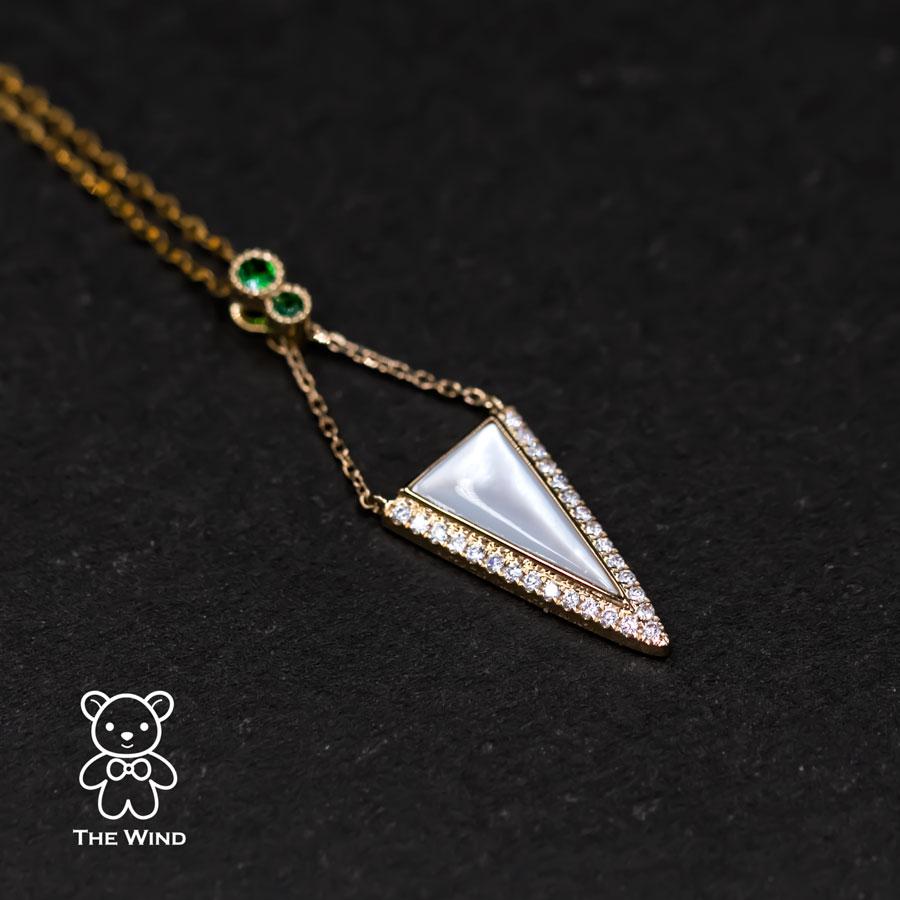 Artist Elegant Triangle Mother of Pearl Diamond Tsavorite Pendant Necklace 18k Yellow G For Sale