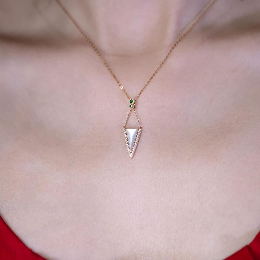 Arts and Crafts Elegant Triangle Mother of Pearl Diamond Tsavorite Pendant Necklace 18k Yellow G For Sale