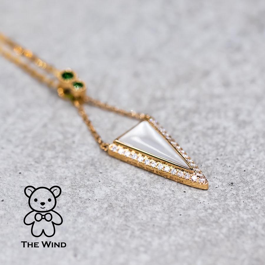 Brilliant Cut Elegant Triangle Mother of Pearl Diamond Tsavorite Pendant Necklace 18k Yellow G For Sale
