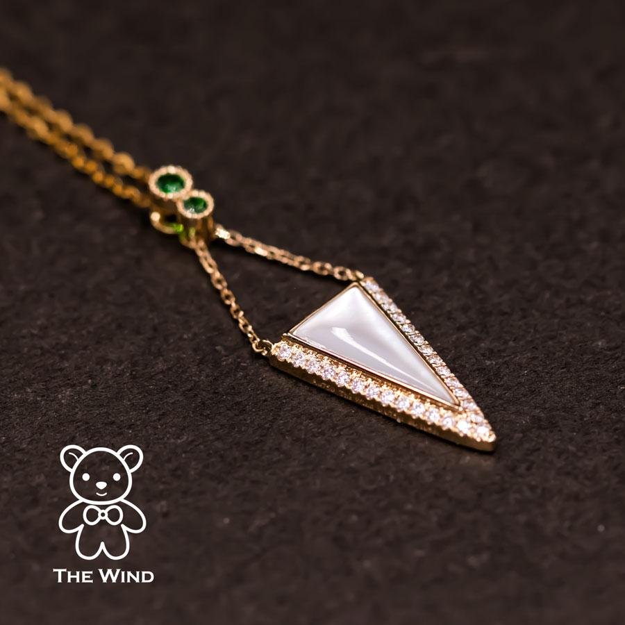 Women's or Men's Elegant Triangle Mother of Pearl Diamond Tsavorite Pendant Necklace 18k Yellow G For Sale
