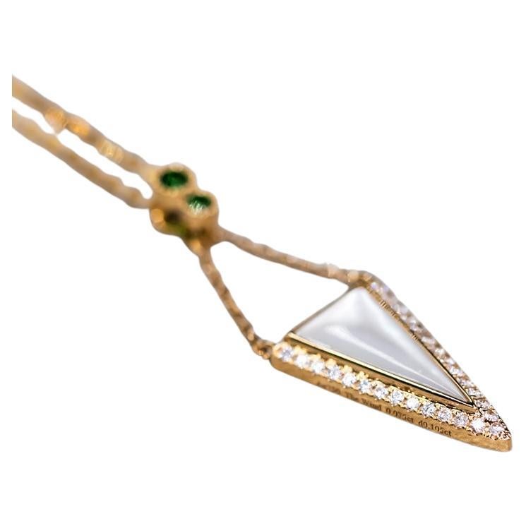Elegant Triangle Mother of Pearl Diamond Tsavorite Pendant Necklace 18k Yellow G For Sale