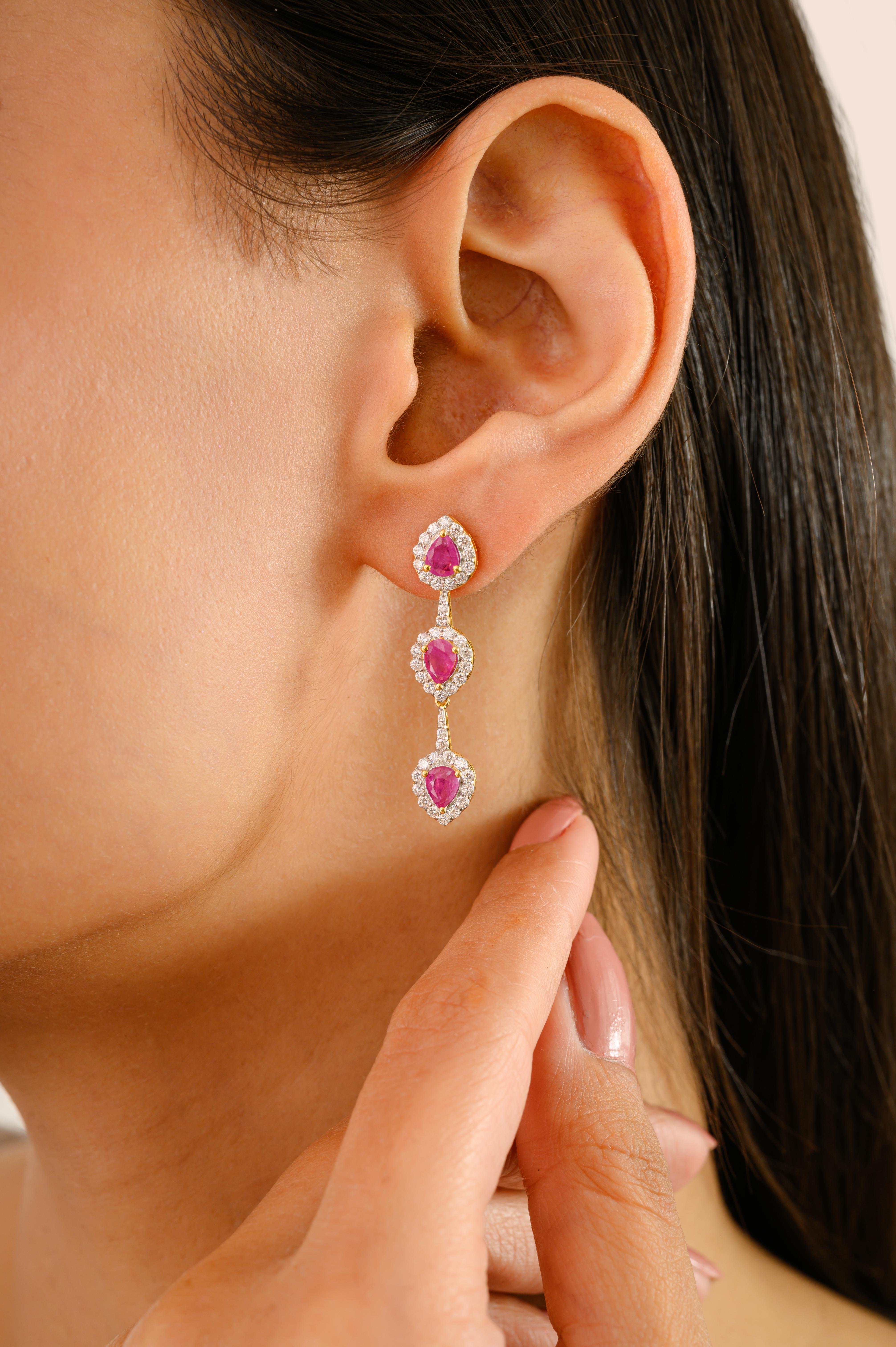 Pear Cut Elegant Triple Drop Ruby & Diamond Dangle Earrings in 14k Yellow Gold for Her For Sale