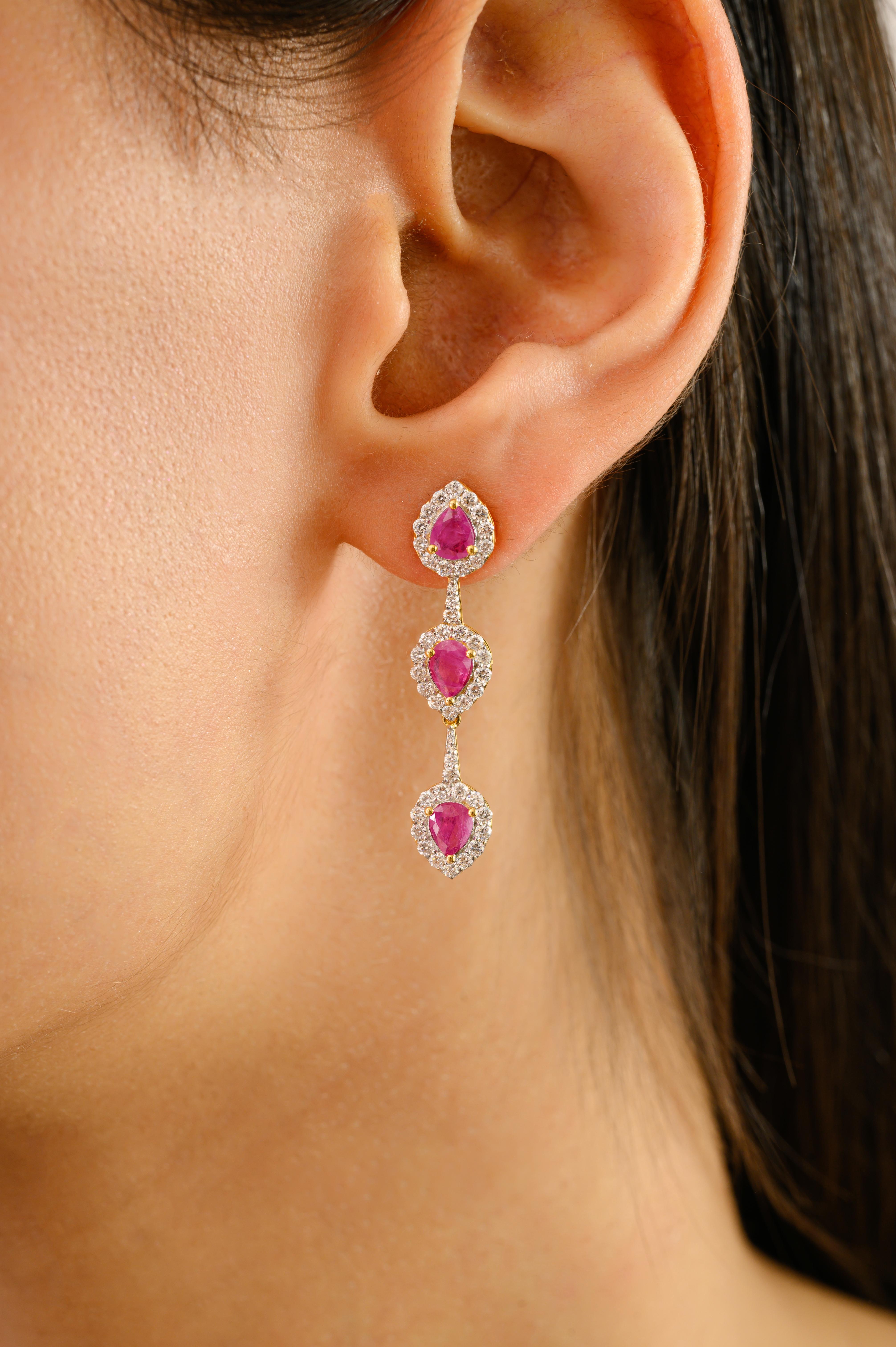 Women's Elegant Triple Drop Ruby & Diamond Dangle Earrings in 14k Yellow Gold for Her For Sale