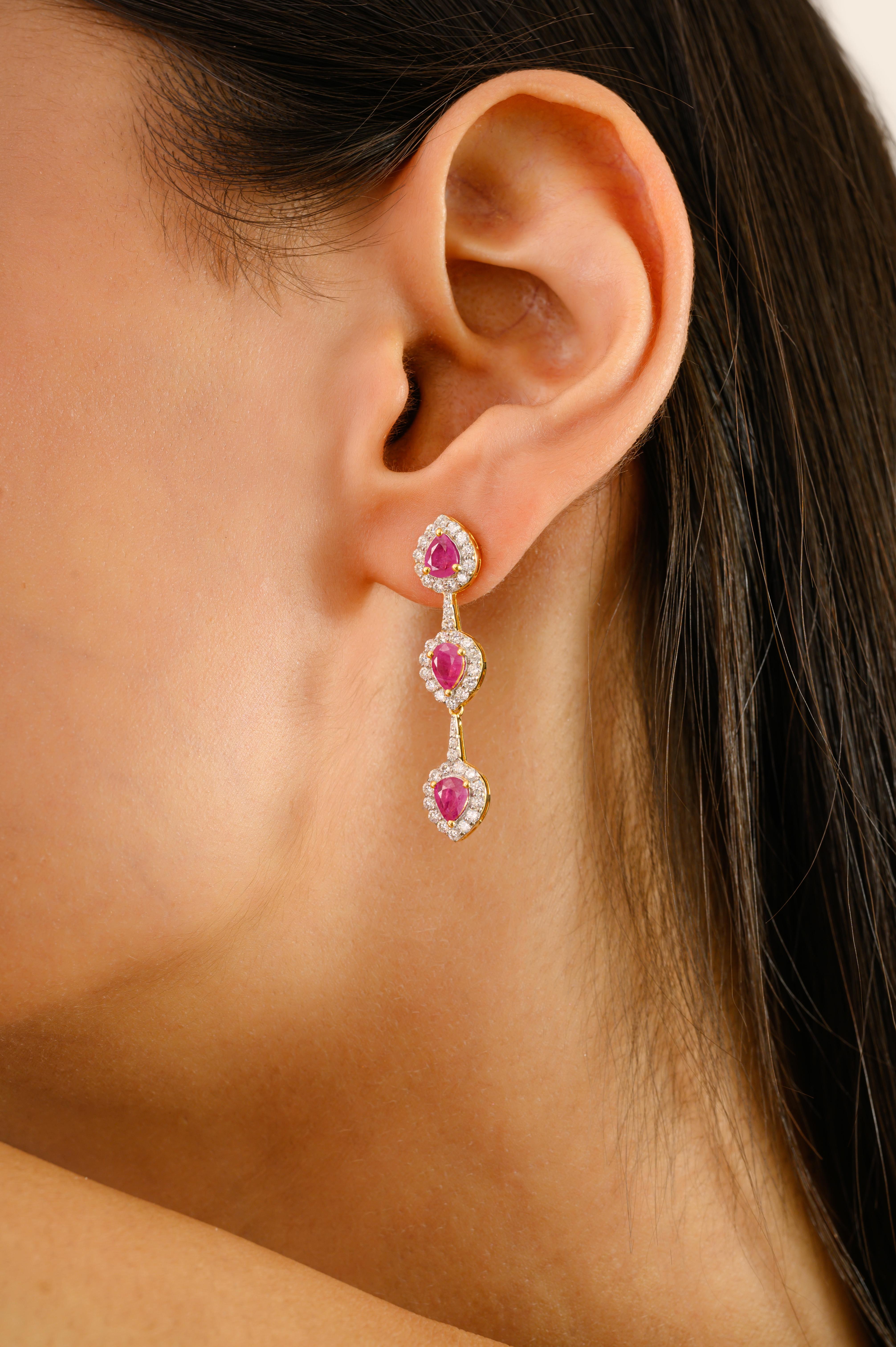 Elegant Triple Drop Ruby & Diamond Dangle Earrings in 14k Yellow Gold for Her For Sale 2