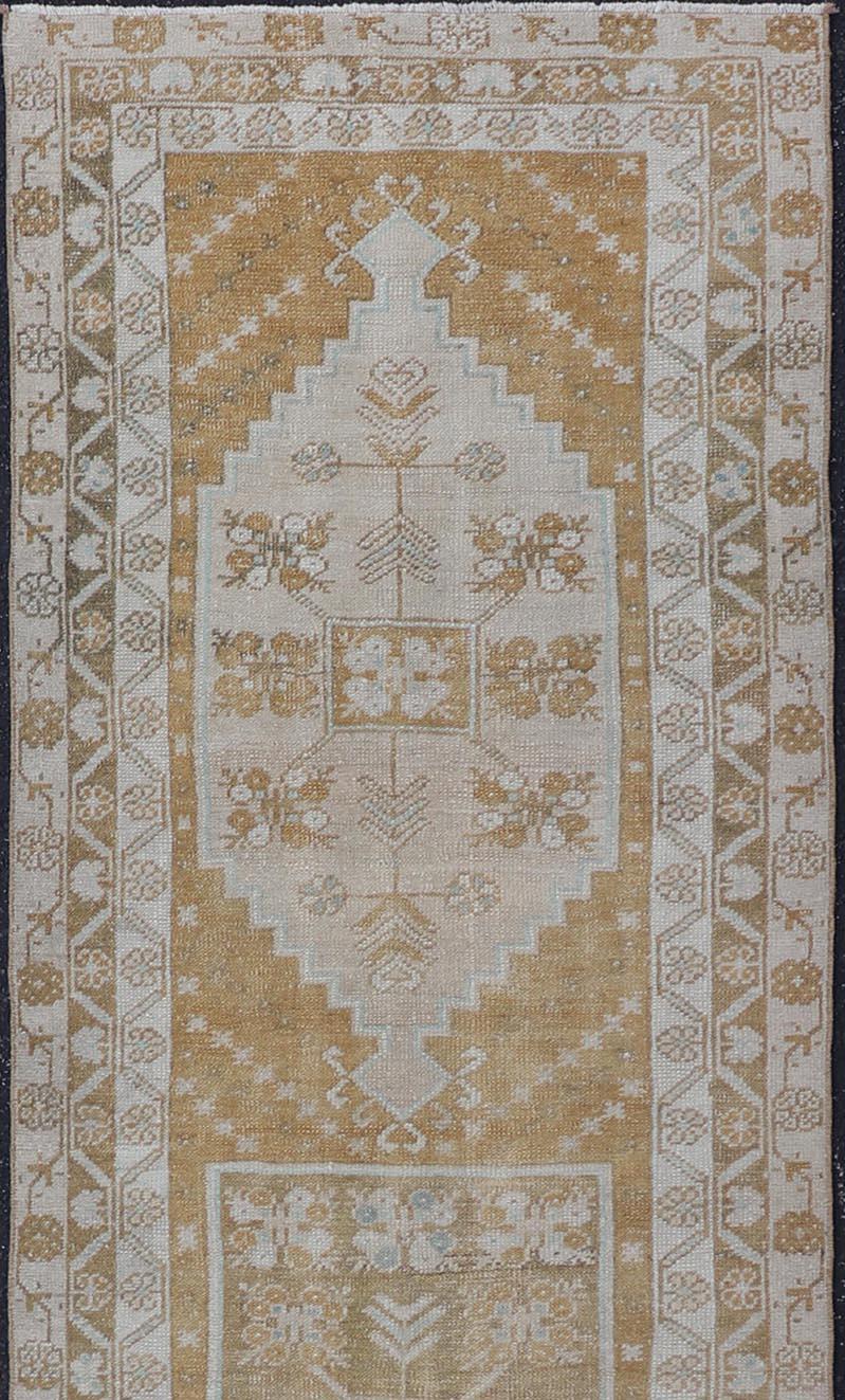 Hand-Knotted Elegant Turkish Oushak Runner with Geometric and Floral Motifs in Beige and Gold