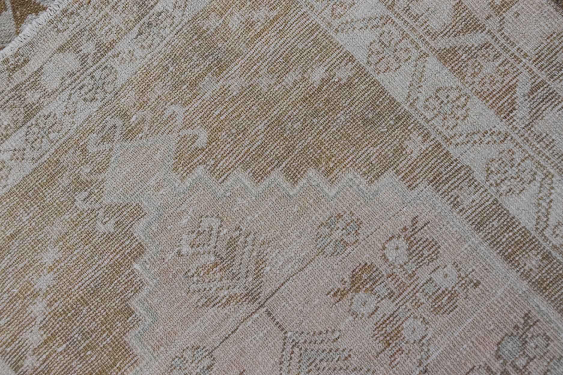 Wool Elegant Turkish Oushak Runner with Geometric and Floral Motifs in Beige and Gold
