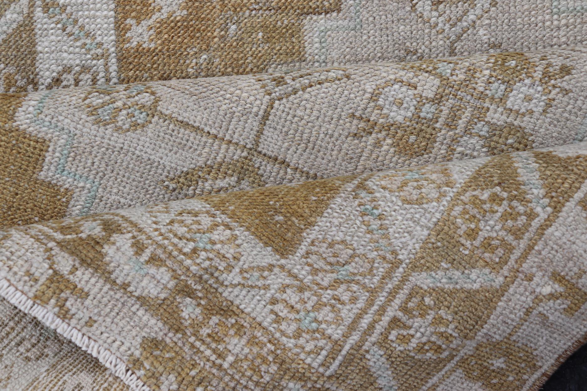 Elegant Turkish Oushak Runner with Geometric and Floral Motifs in Beige and Gold 1