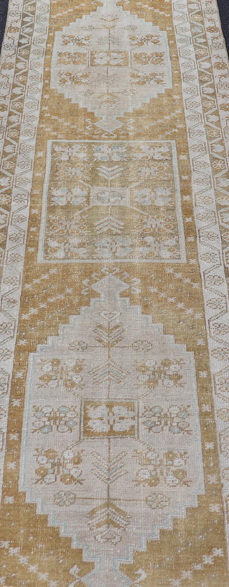 Elegant Turkish Oushak Runner with Geometric and Floral Motifs in Beige and Gold 2