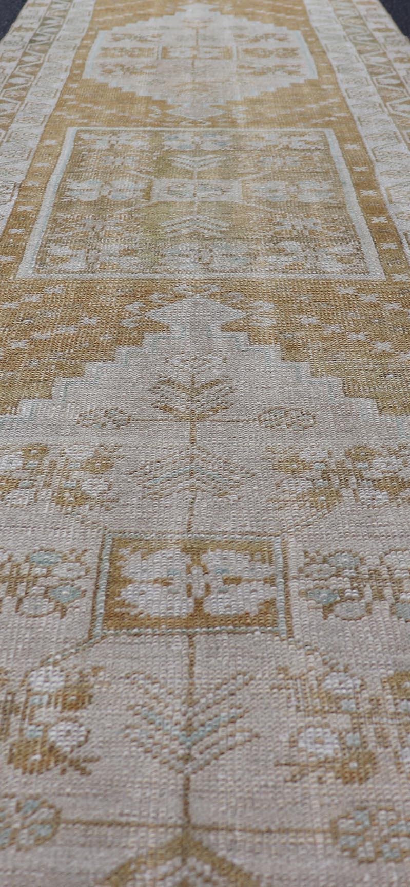 Elegant Turkish Oushak Runner with Geometric and Floral Motifs in Beige and Gold 3
