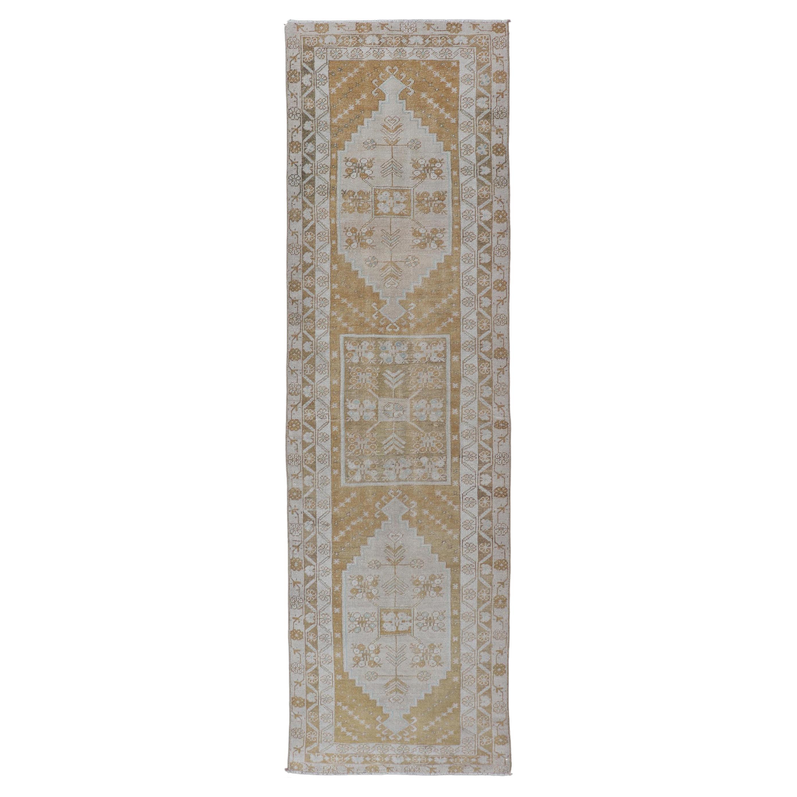 Elegant Turkish Oushak Runner with Geometric and Floral Motifs in Beige and Gold