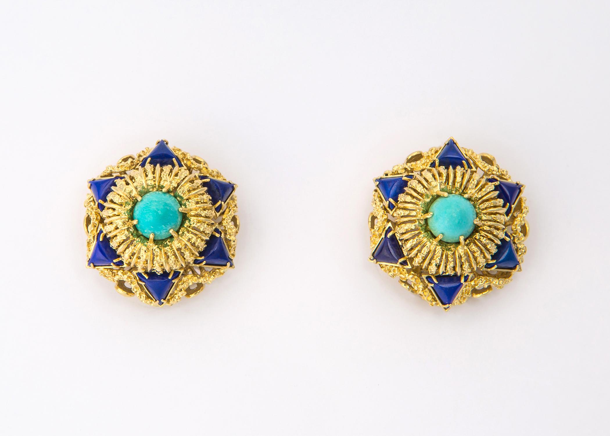 Contemporary Elegant Turquoise Lapis Gold Earrings