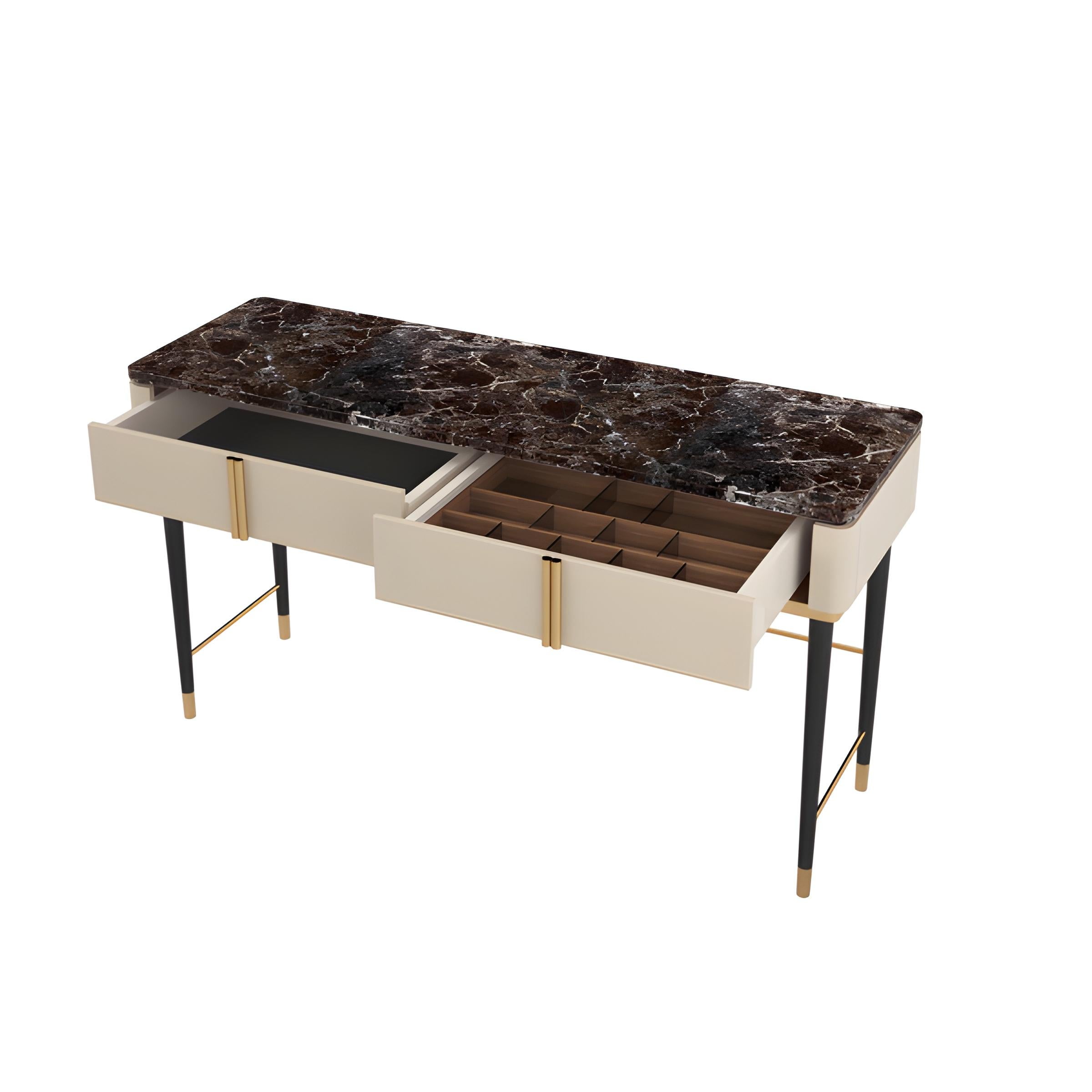 XXI secolo e contemporaneo Eleganza della scrivania/tavolino da bagno a due cassetti con piano in marmo e finitura laccata in vendita