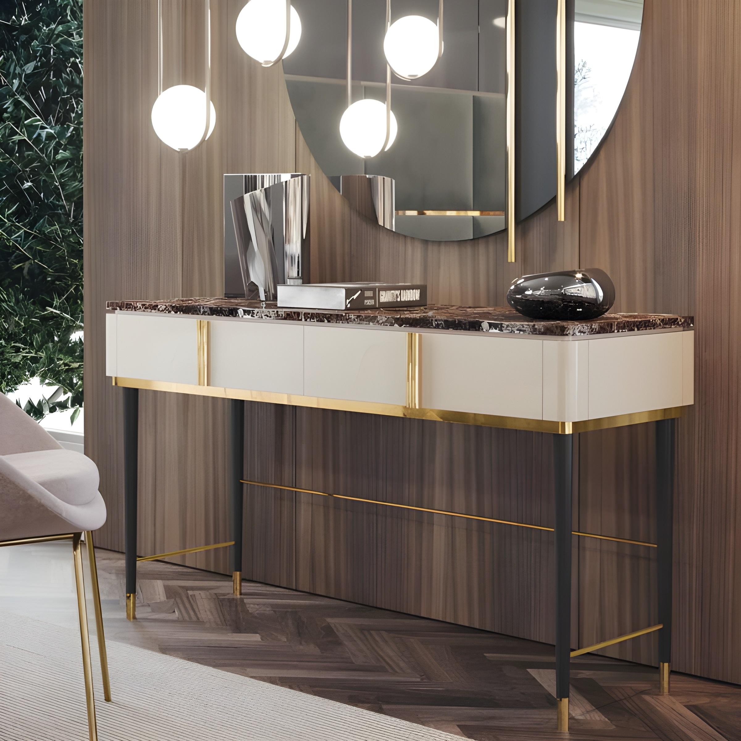 Eleganza della scrivania/tavolino da bagno a due cassetti con piano in marmo e finitura laccata in vendita 1