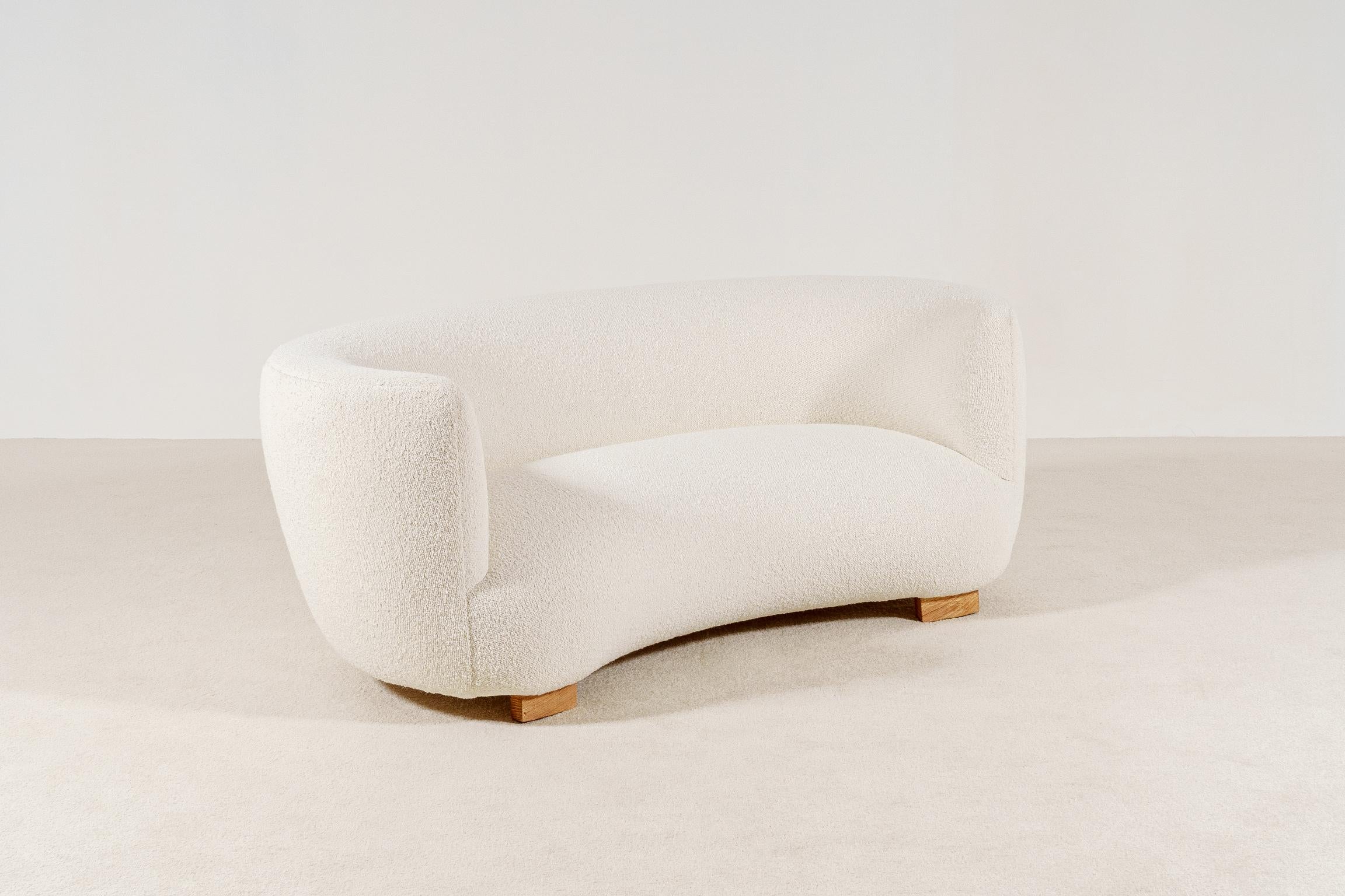 Scandinavian Modern Elegant Two-Seat Danish Curved Sofa, 1940s, New Bouclé Fabric Upholstery