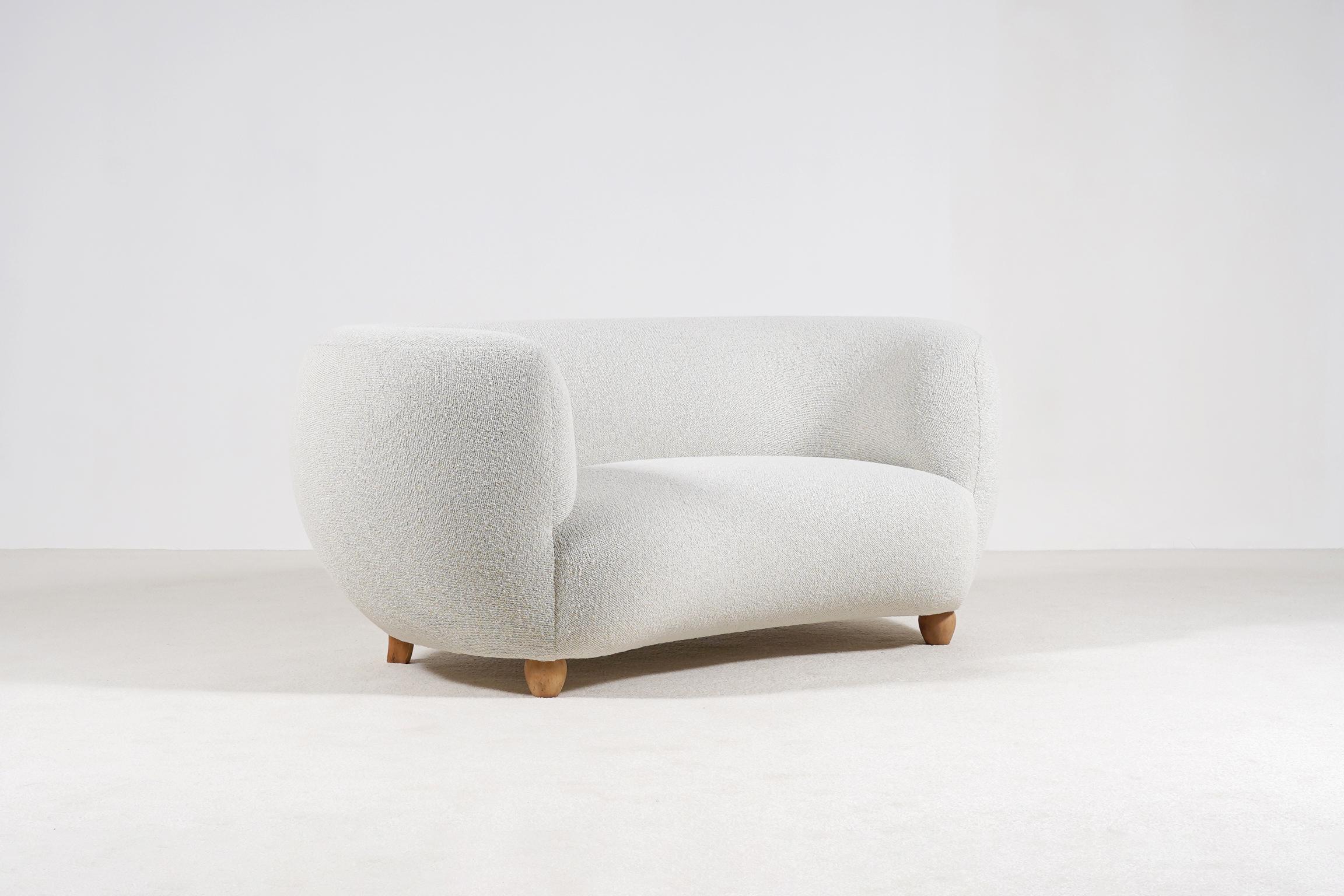 Scandinavian Modern Elegant Two-Seat Danish Curved Sofa, 1940s, New Bouclé Fabric Upholstery
