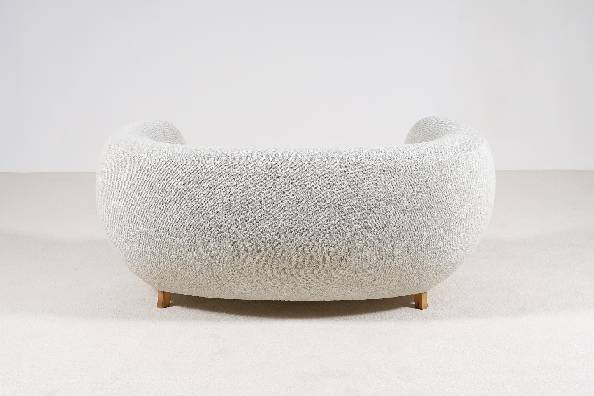 Mid-20th Century Elegant Two-Seat Danish Curved Sofa, 1940s, New Bouclé Fabric Upholstery
