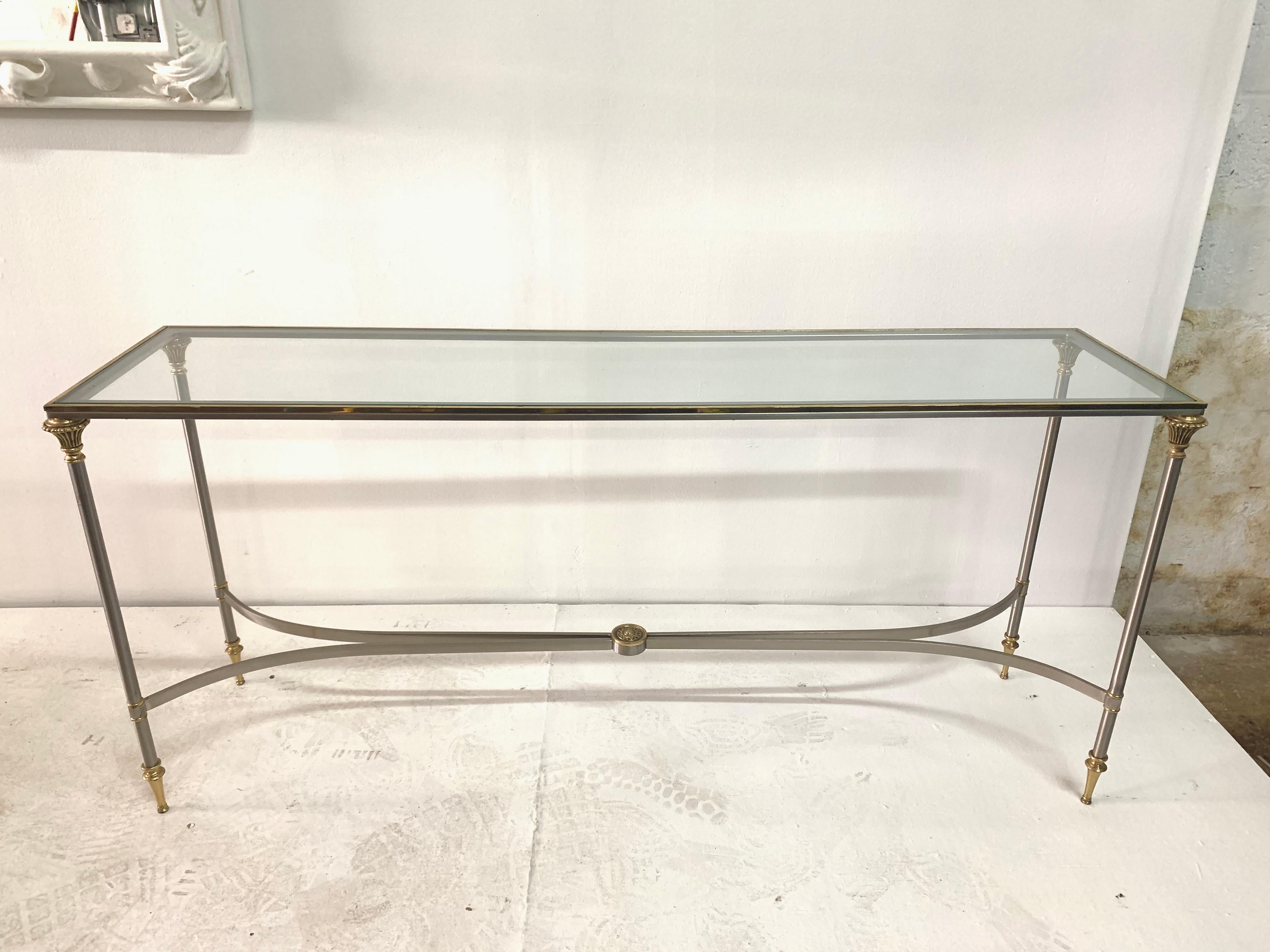 Mid-20th Century Elegant Two-Tone Steel and Brass Console by Jansen For Sale