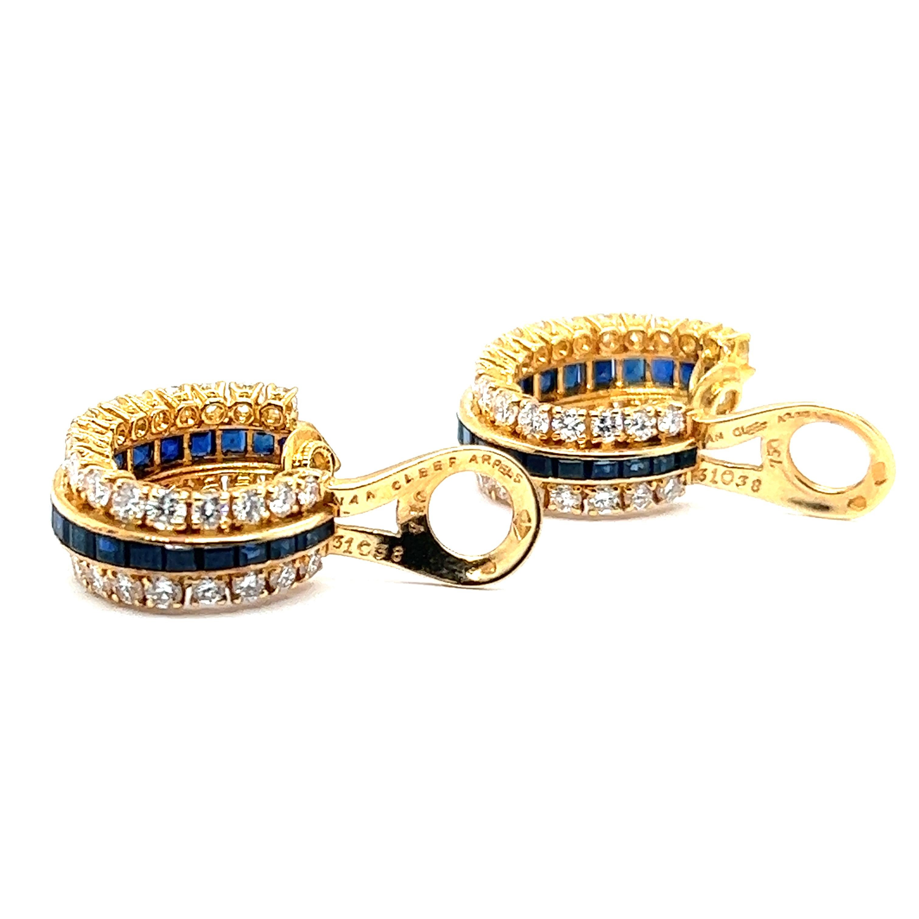 Women's or Men's Elegant Van Cleef & Arpels Earclips in 18K Gold with Sapphires and Diamonds