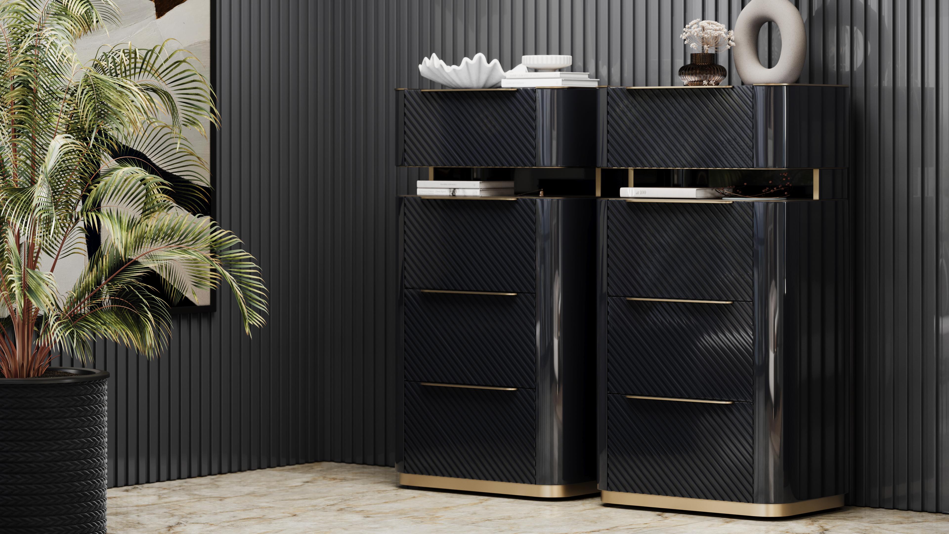 Velara tall dresser features a lacquered finish with 3D-re lief doors, adding depth and a unique texture to its design. Brushed brass handles and details bring a luxurious touch, while the marble top enhances its elegance. An open central section