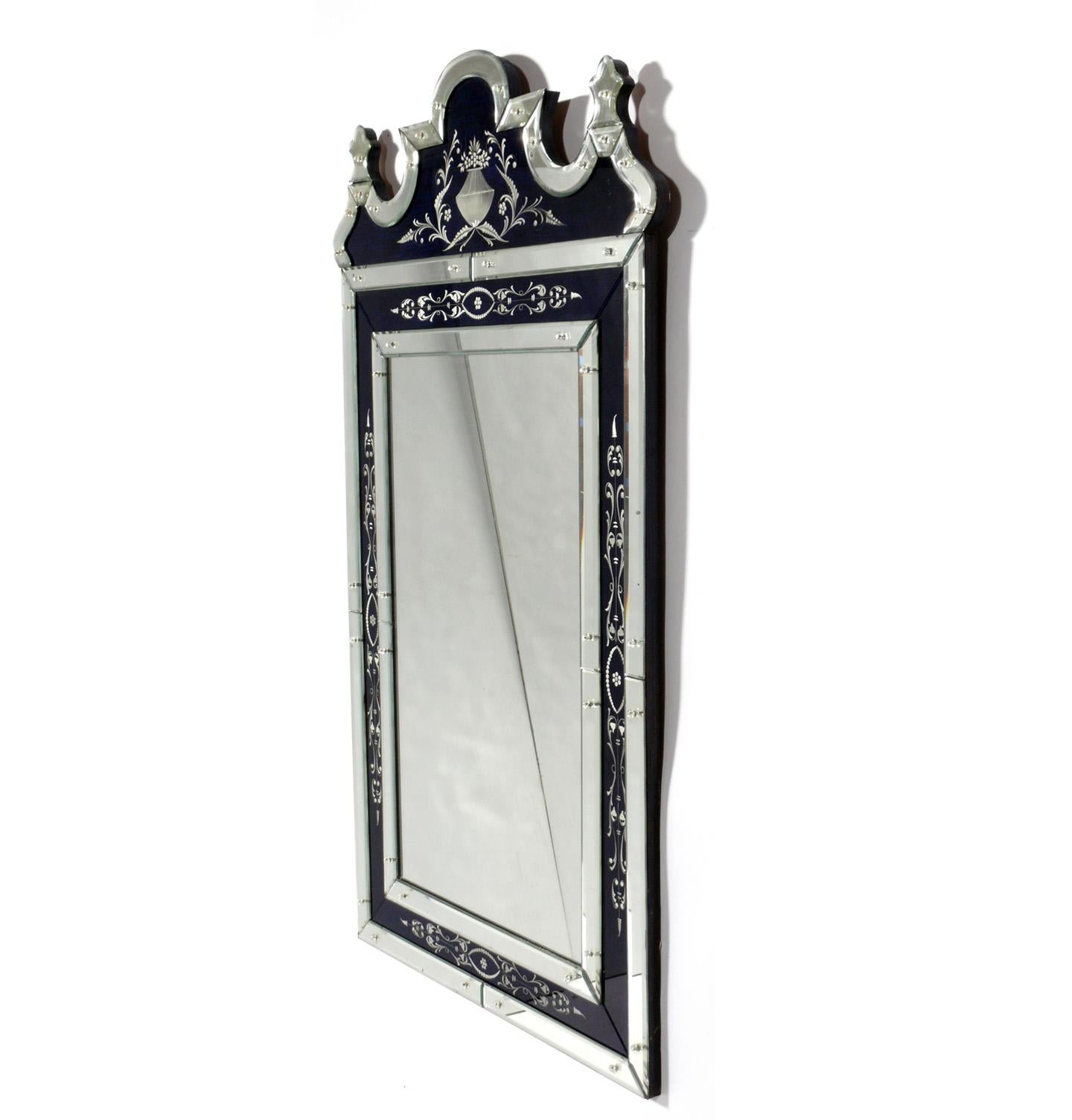 Hollywood Regency Elegant Venetian Mirror with Navy Blue Mirrored Accents