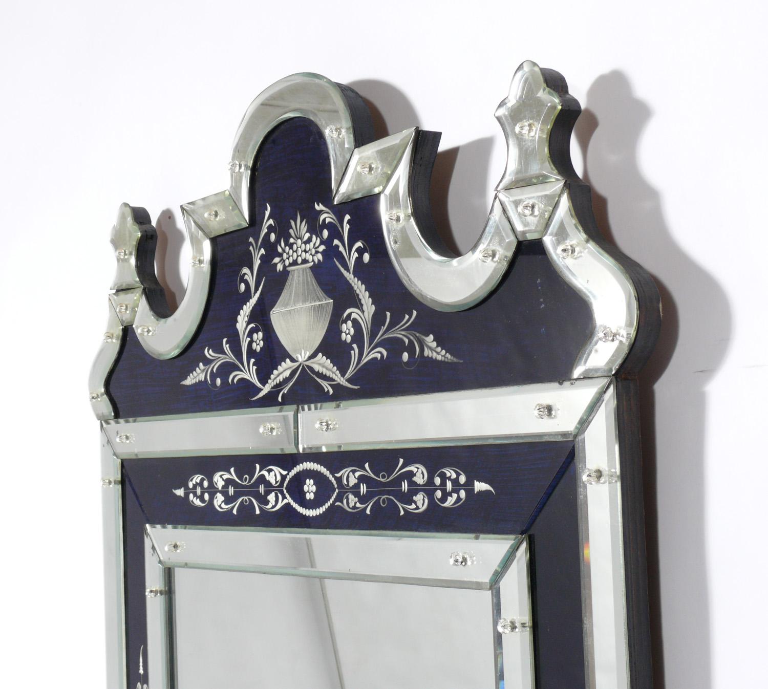 Italian Elegant Venetian Mirror with Navy Blue Mirrored Accents