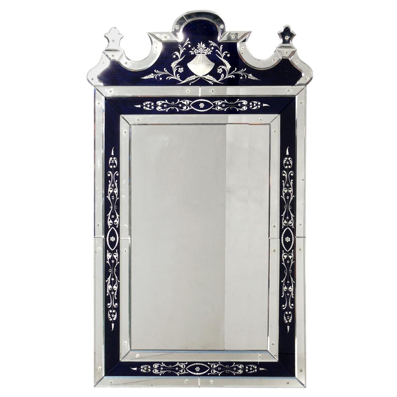 Elegant Venetian Mirror with Navy Blue Mirrored Accents