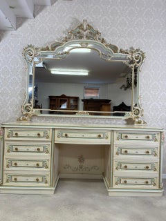 Elegant Venetian Rococo Revival Vanity Desk with Mirror, Hand Painted Floral Dre