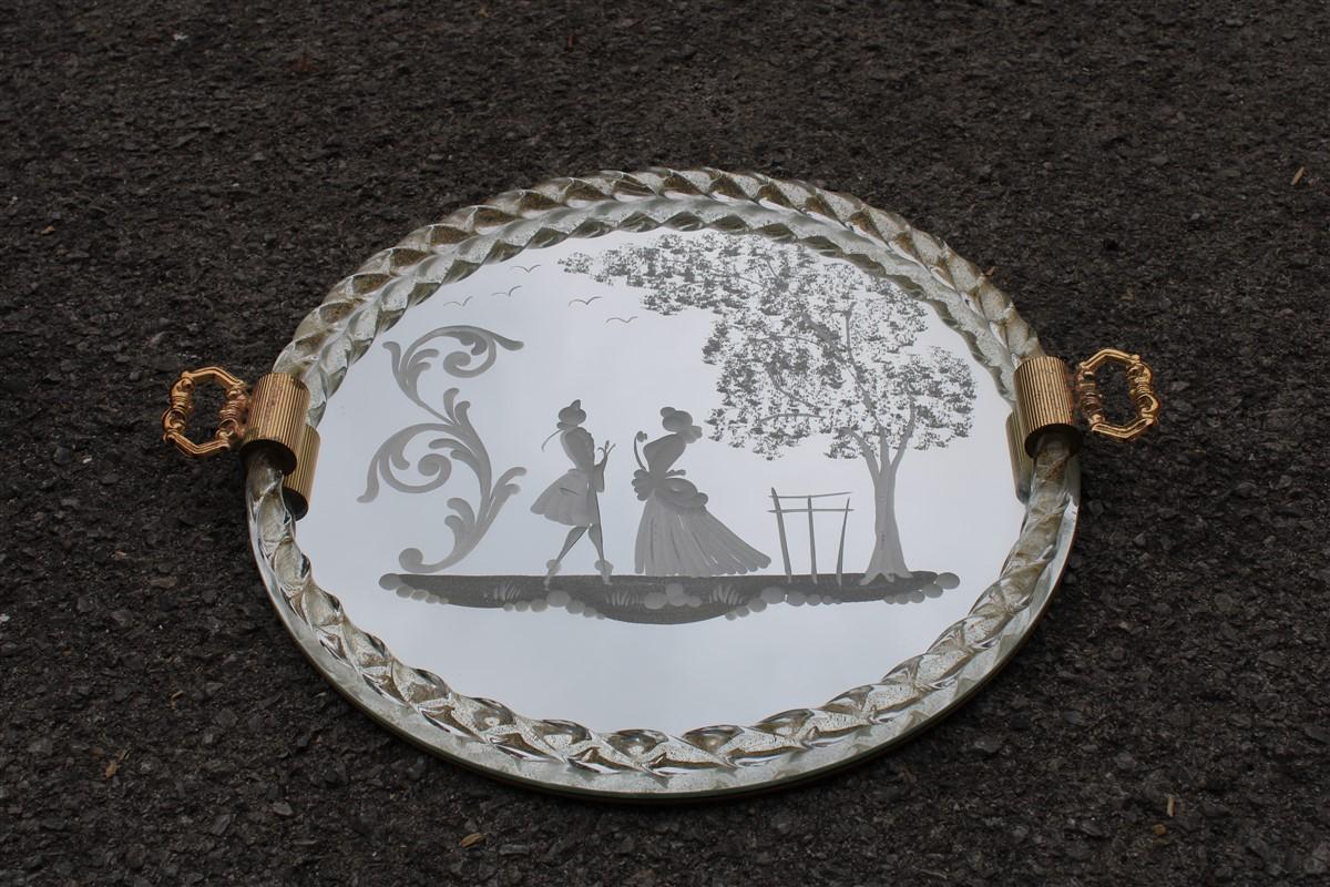 Élégant plateau vénitien design italien du milieu du siècle dernier en laiton doré et cristal gravé, années 1950.