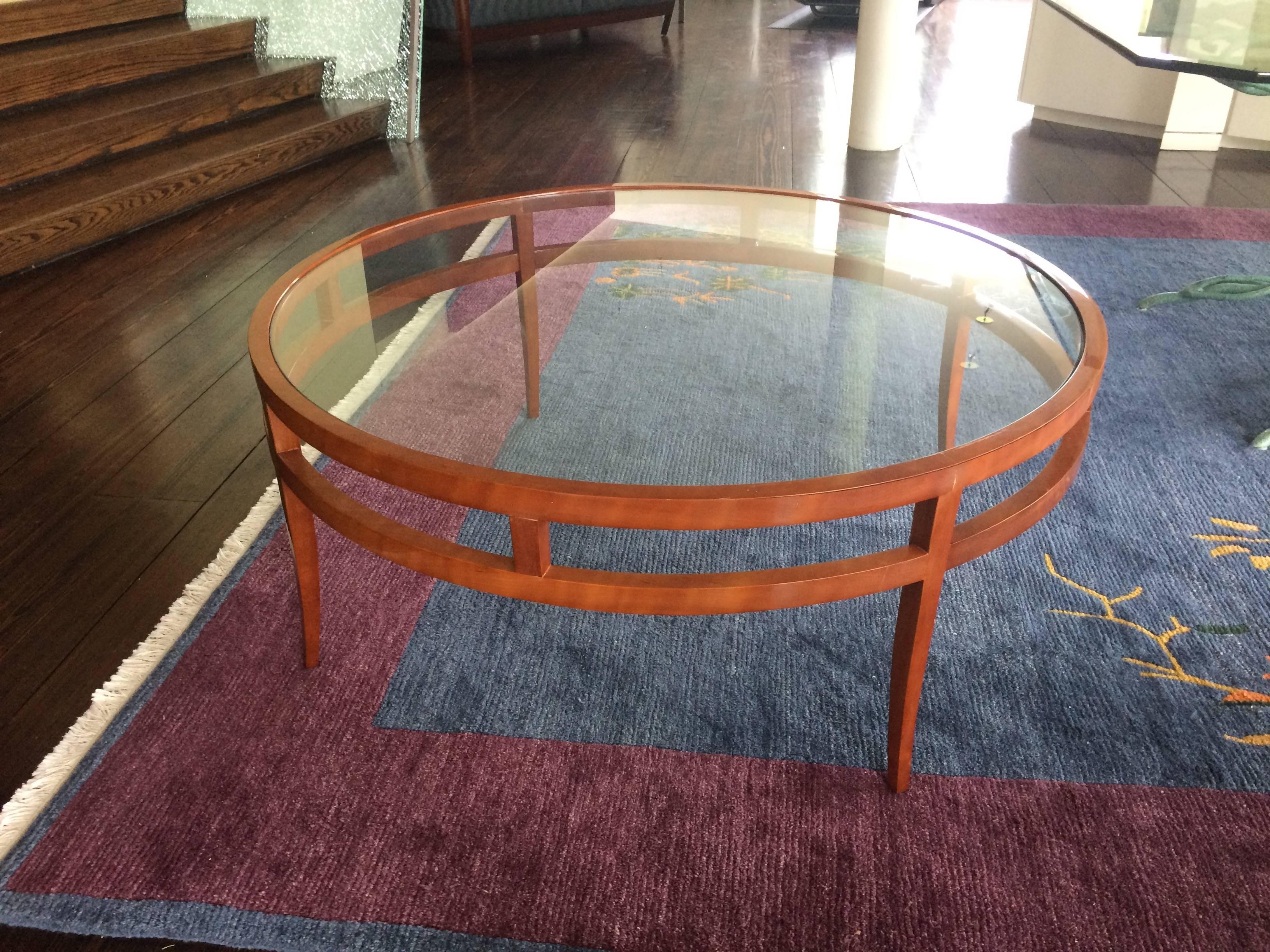 Elegant Very Large Round Kenneth Winslow Cherry and Glass Coffee Table 4