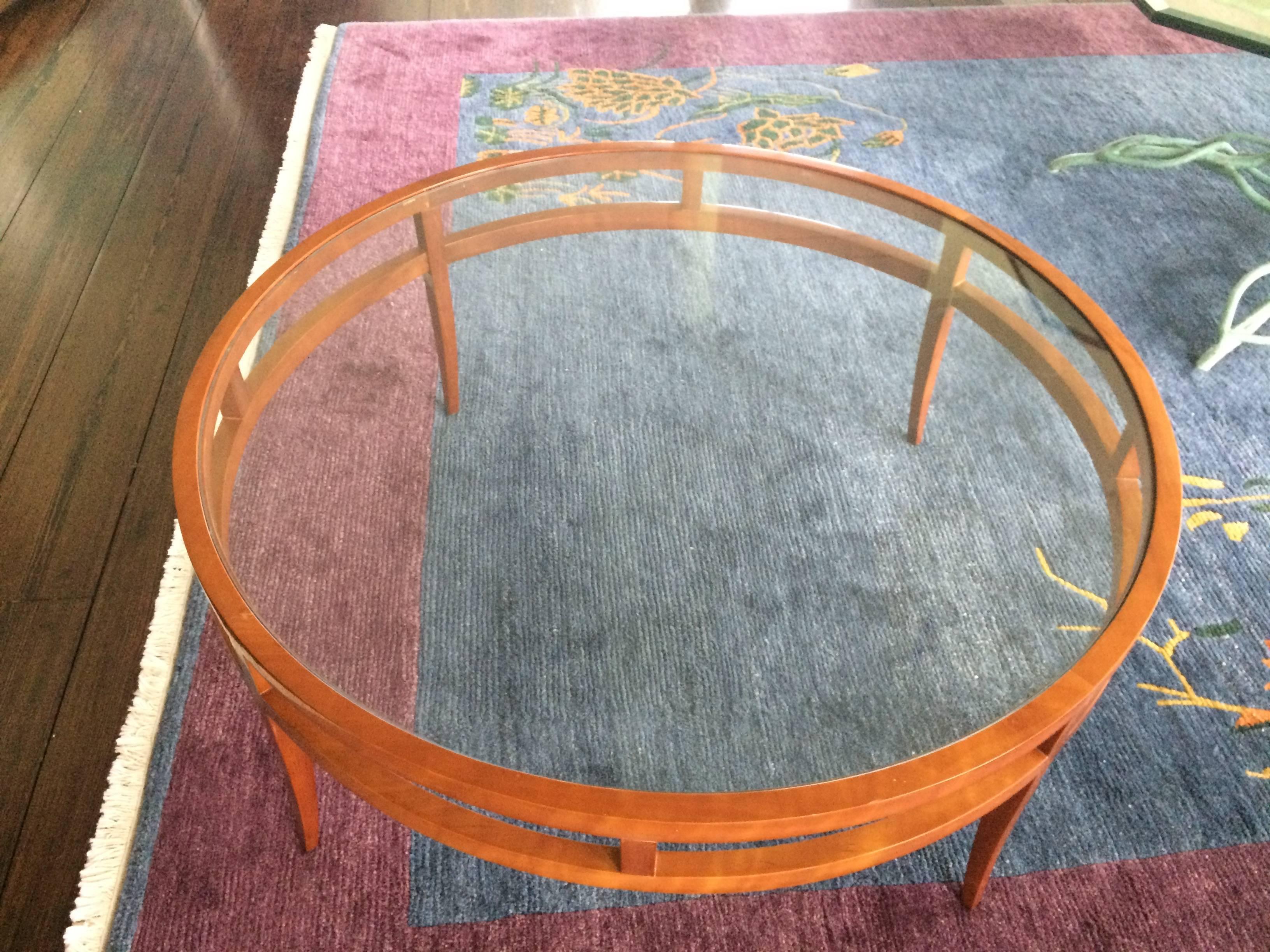 Elegant Very Large Round Kenneth Winslow Cherry and Glass Coffee Table 1